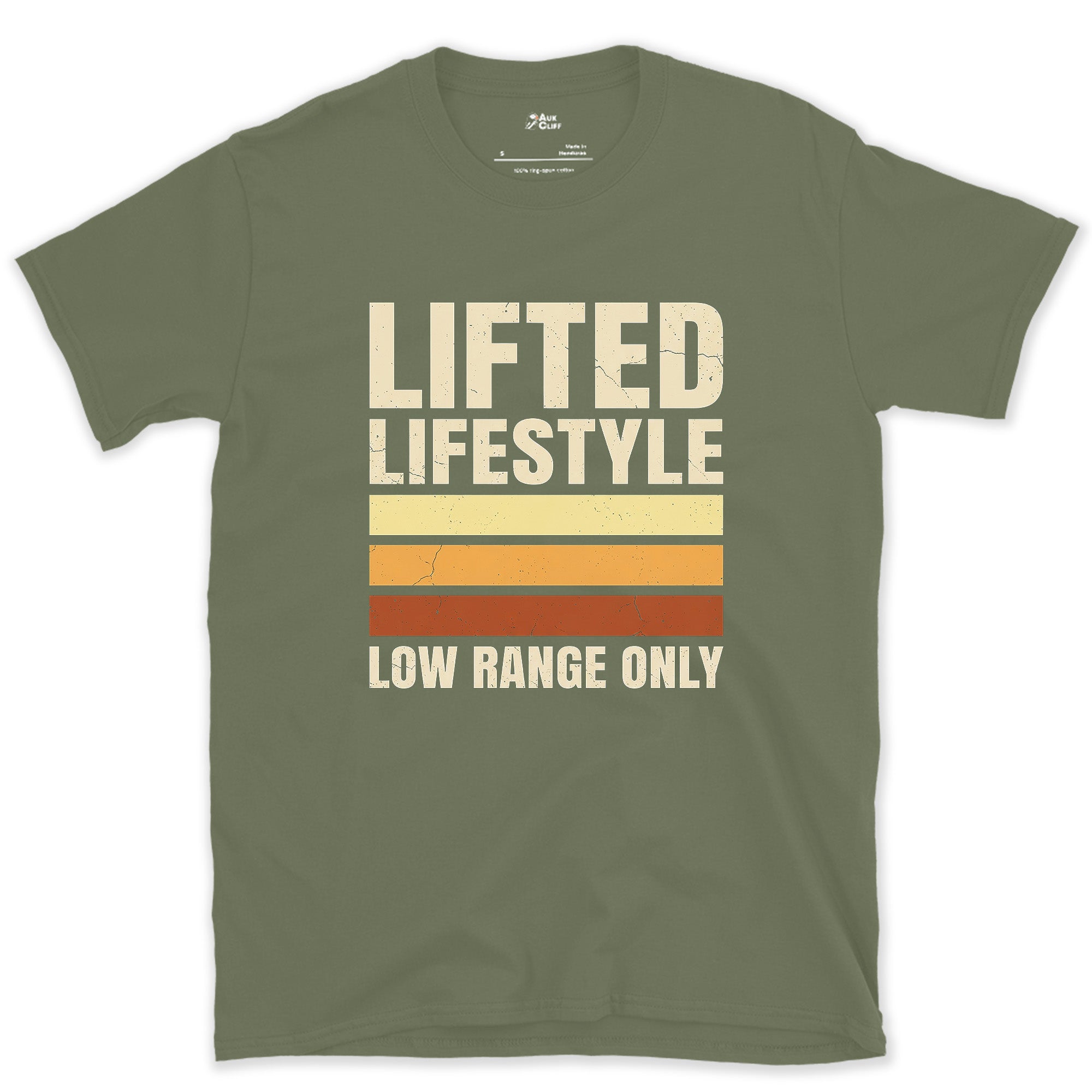 Lifted Lifestyle, Low Range Only design on a Military Green Gildan Softstyle t-shirt