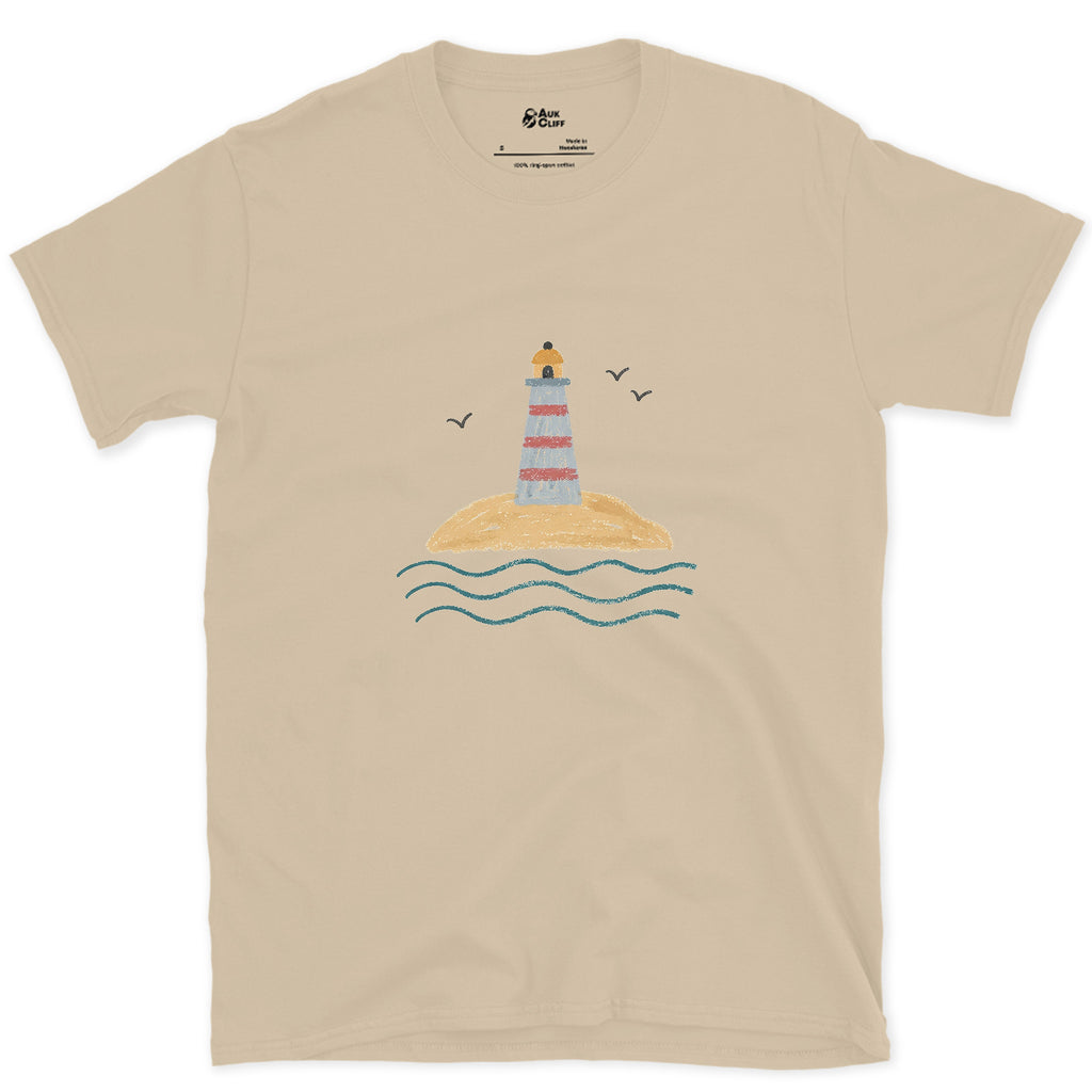 Last Dry Patch of Sand, Lighthouse design on a Sand Gildan Softstyle t-shirt
