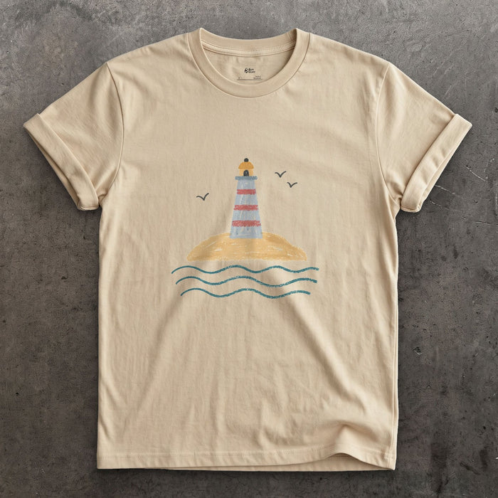 Last Dry Patch of Sand, Lighthouse design on a Sand Gildan Softstyle t-shirt