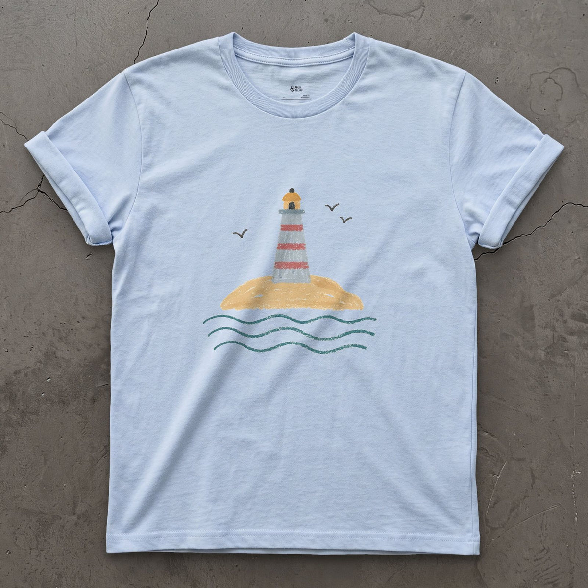 Last Dry Patch of Sand, Lighthouse design on a Light Blue Gildan Softstyle t-shirt