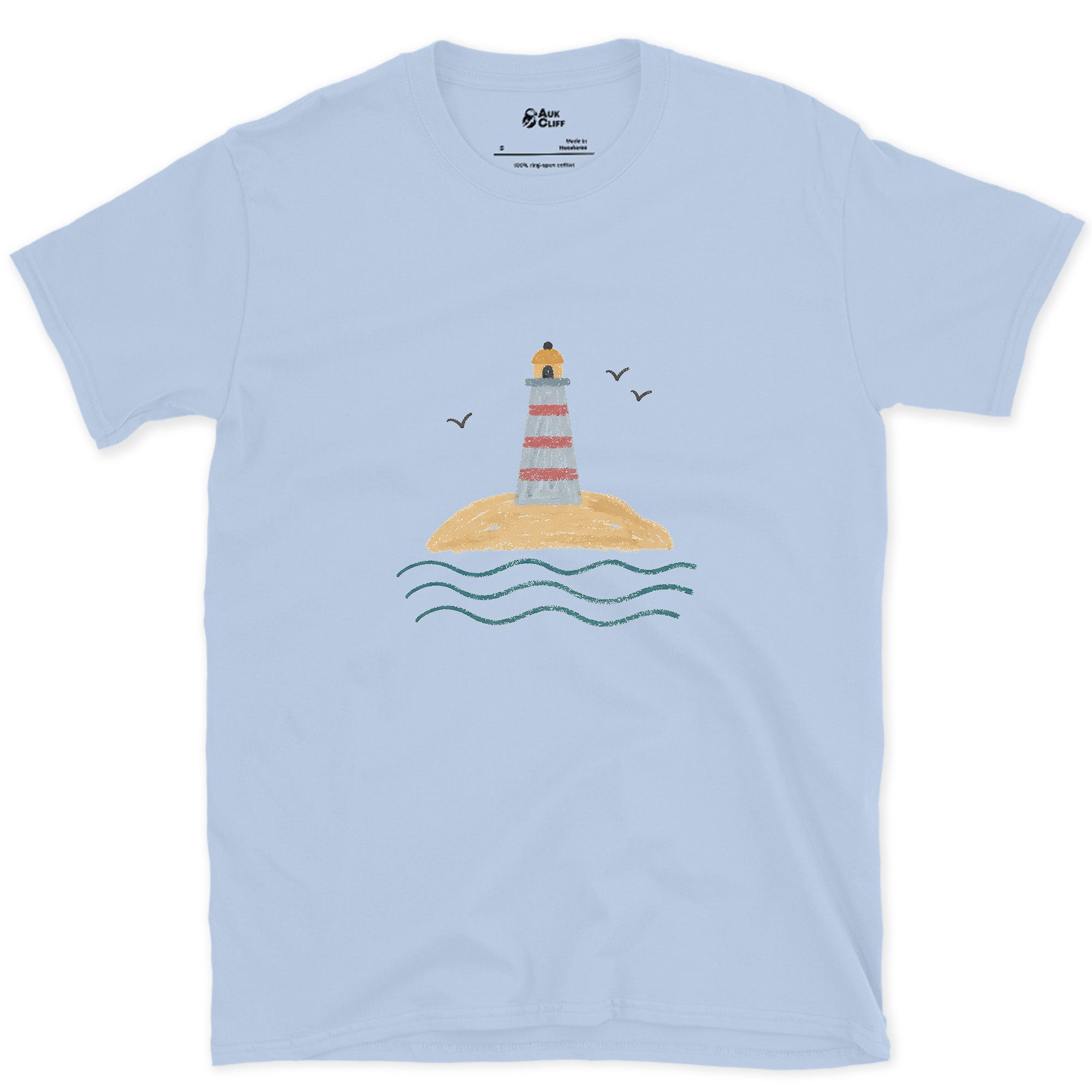 Last Dry Patch of Sand, Lighthouse design on a Light Blue Gildan Softstyle t-shirt
