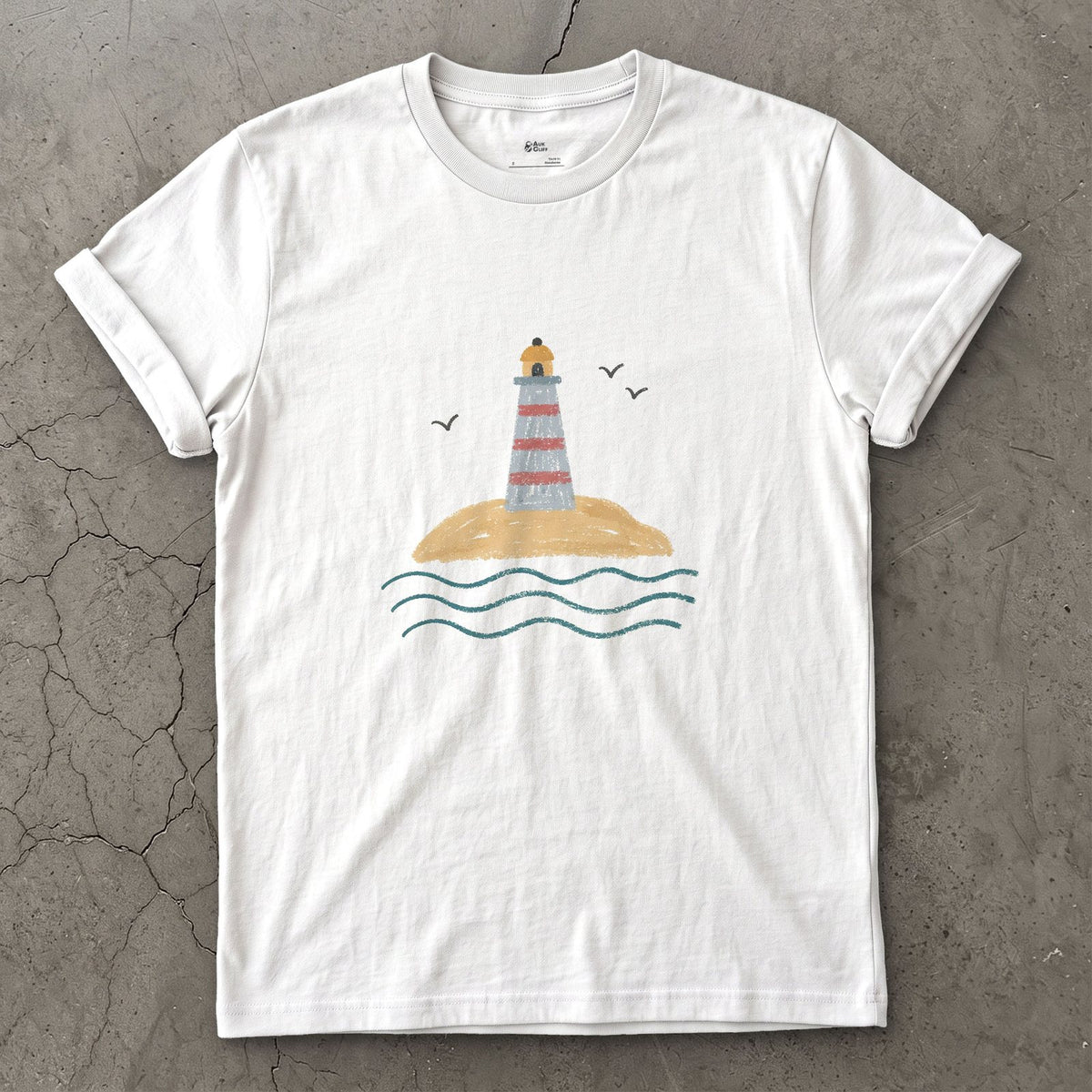 Last Dry Patch of Sand, Lighthouse design on a White Gildan Softstyle t-shirt
