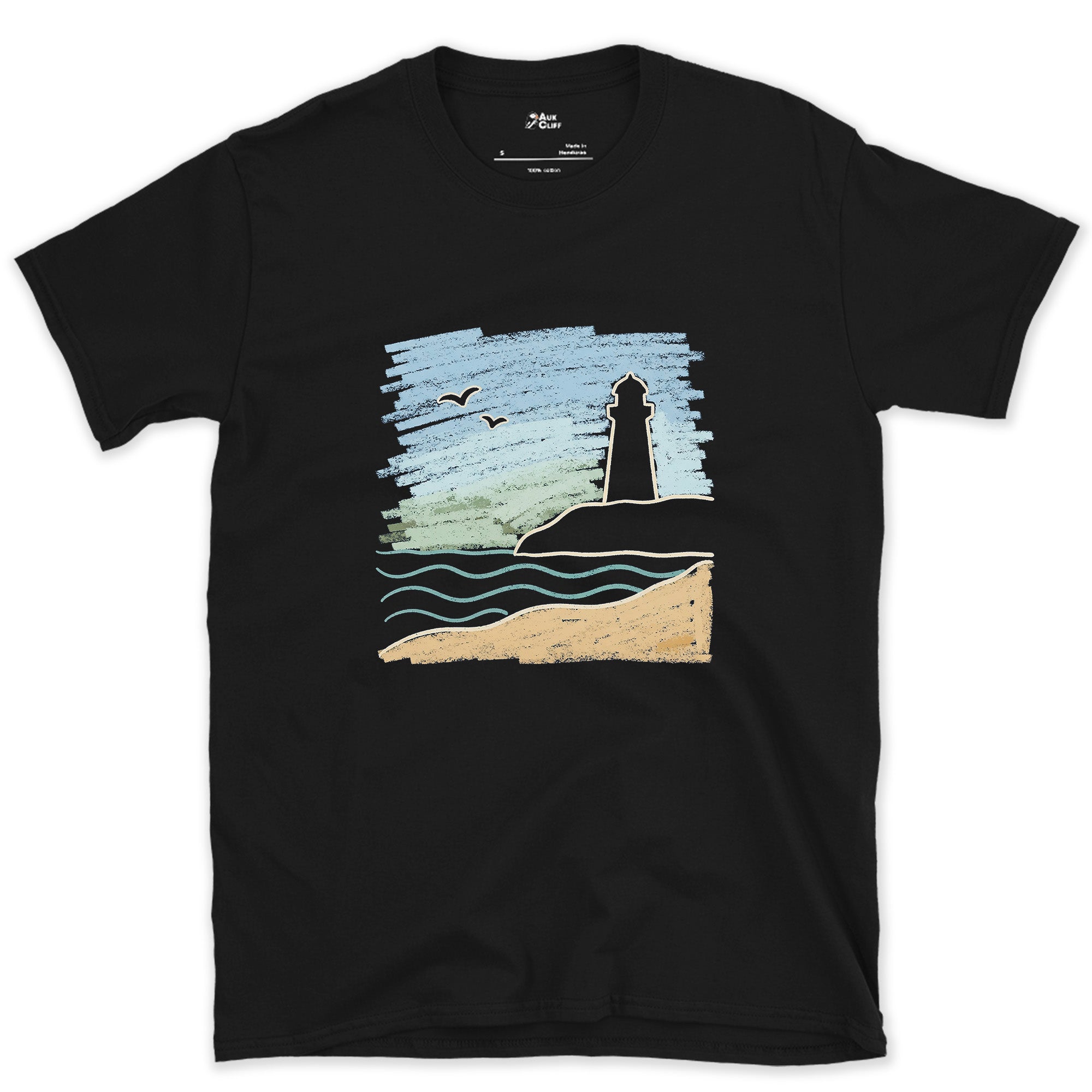 Holding the Line, Lighthouse and Gulls design on a Black Gildan Softstyle t-shirt