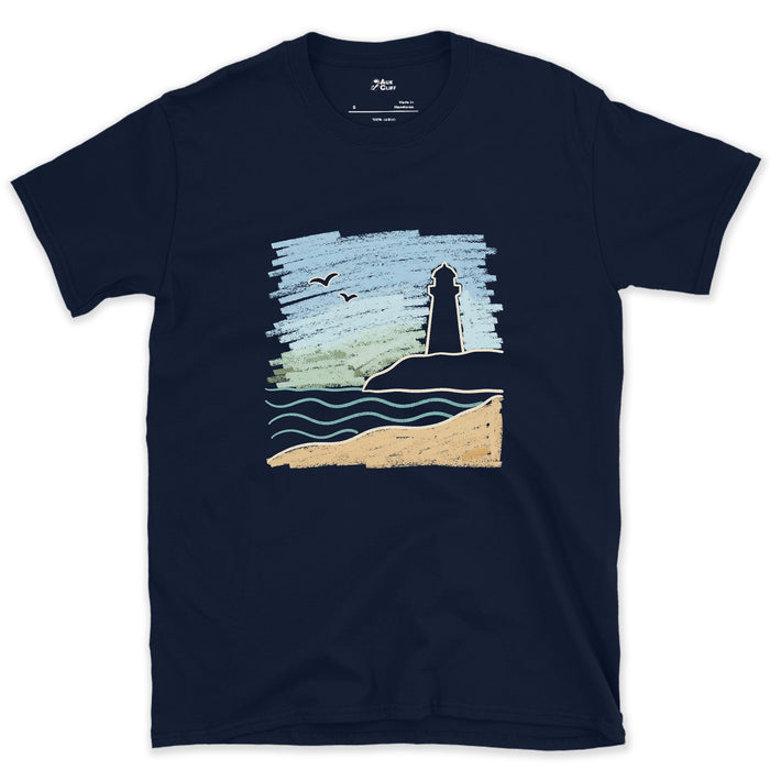 Holding the Line, Lighthouse and Gulls design on a Navy Gildan Softstyle t-shirt