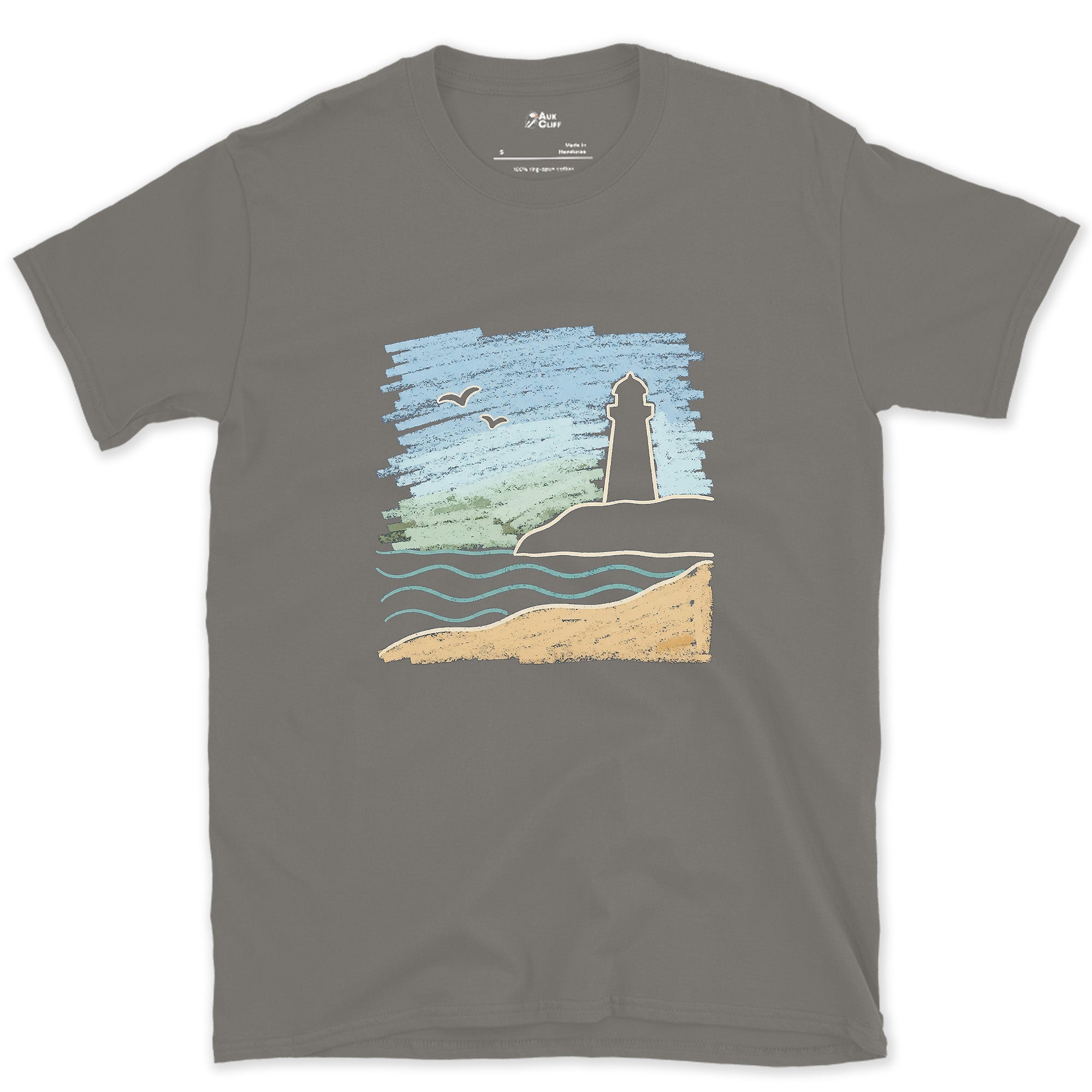 Holding the Line, Lighthouse and Gulls design on a Charcoal Gildan Softstyle t-shirt