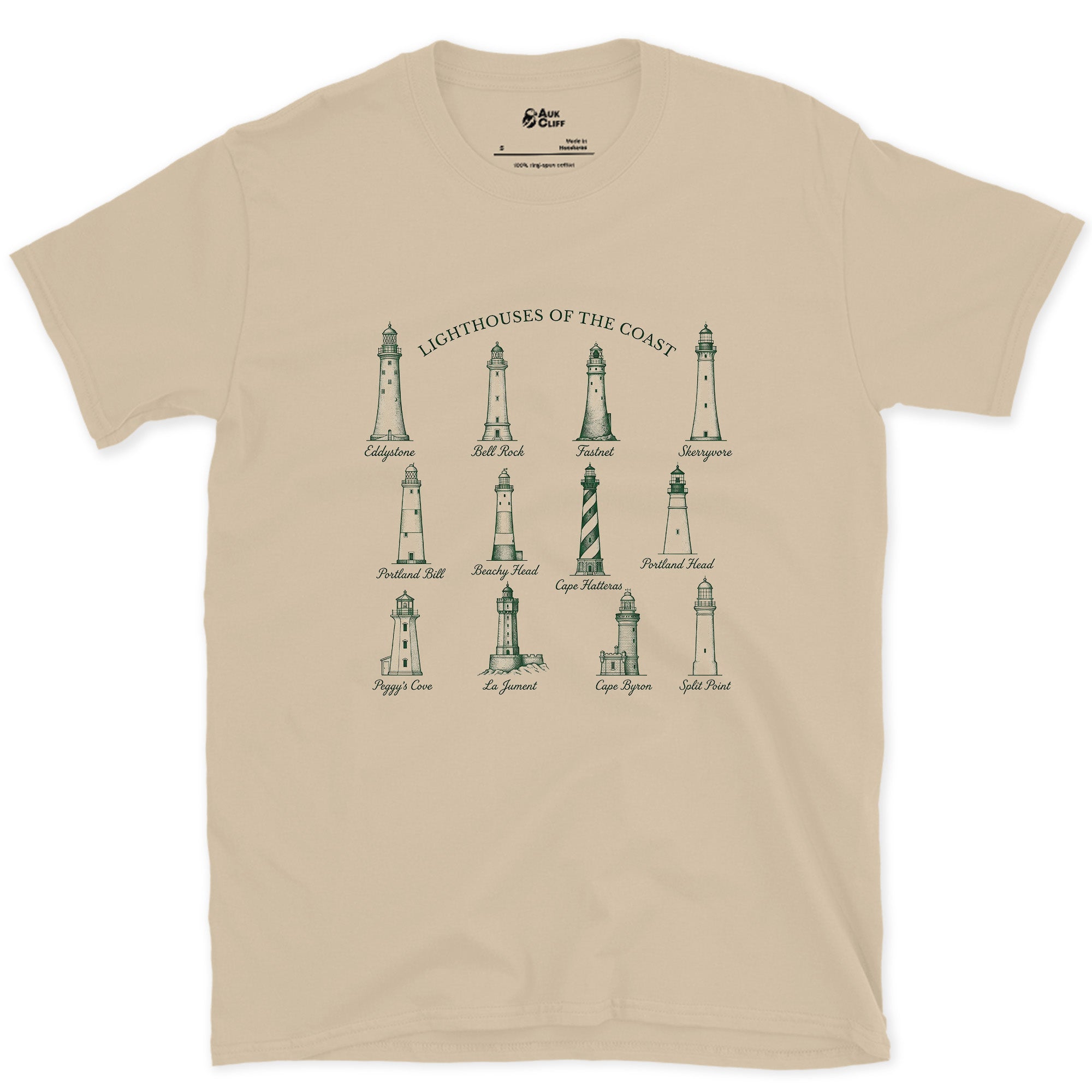 Twelve Lighthouses of the Coast design on a Sand Gildan Softstyle t-shirt