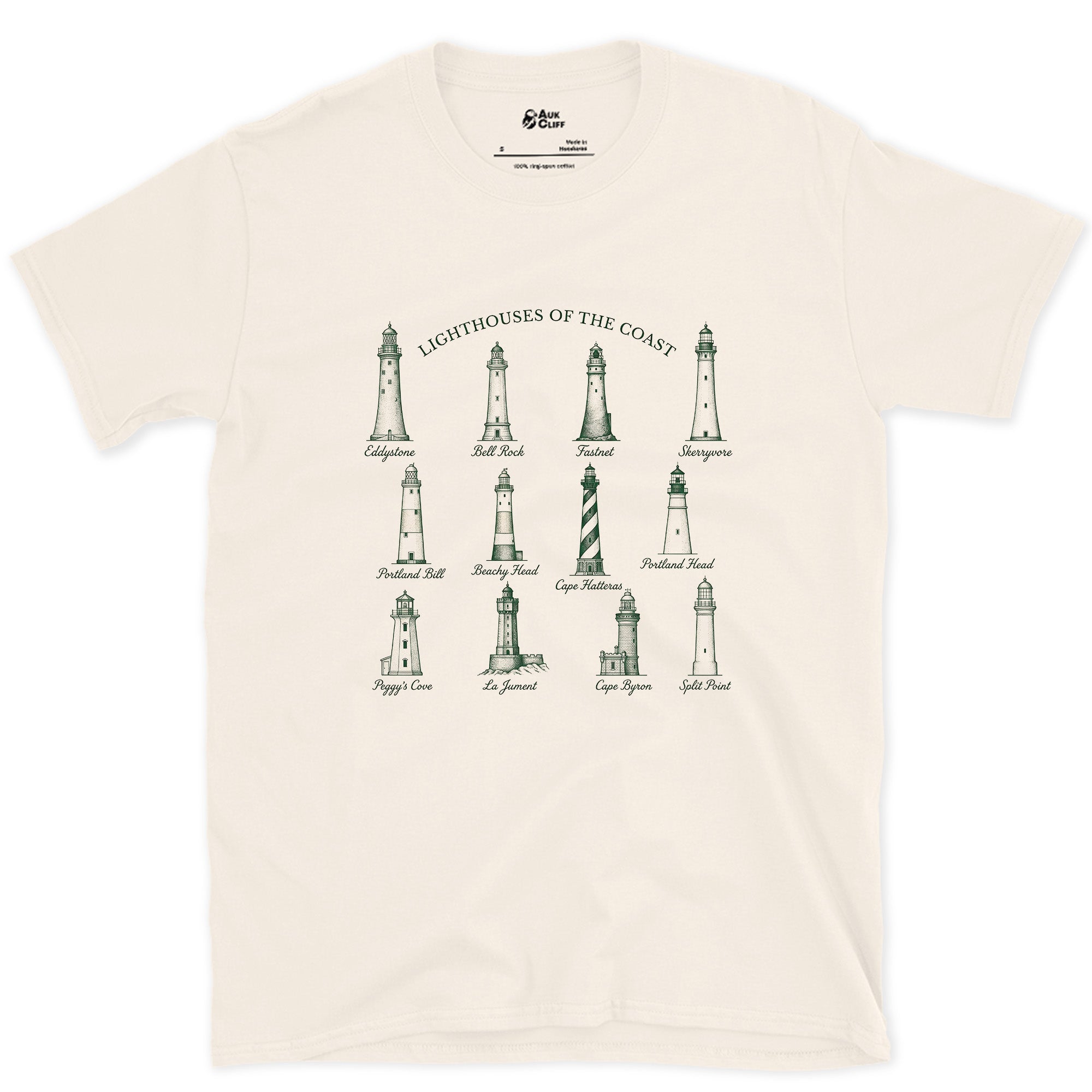 Twelve Lighthouses of the Coast design on a Natural Gildan Softstyle t-shirt