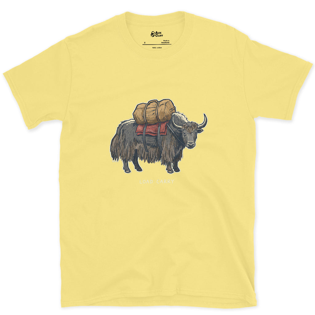 Expedition Load Carry, Yak With a Full Pack design on a Cornsilk Gildan Softstyle t-shirt