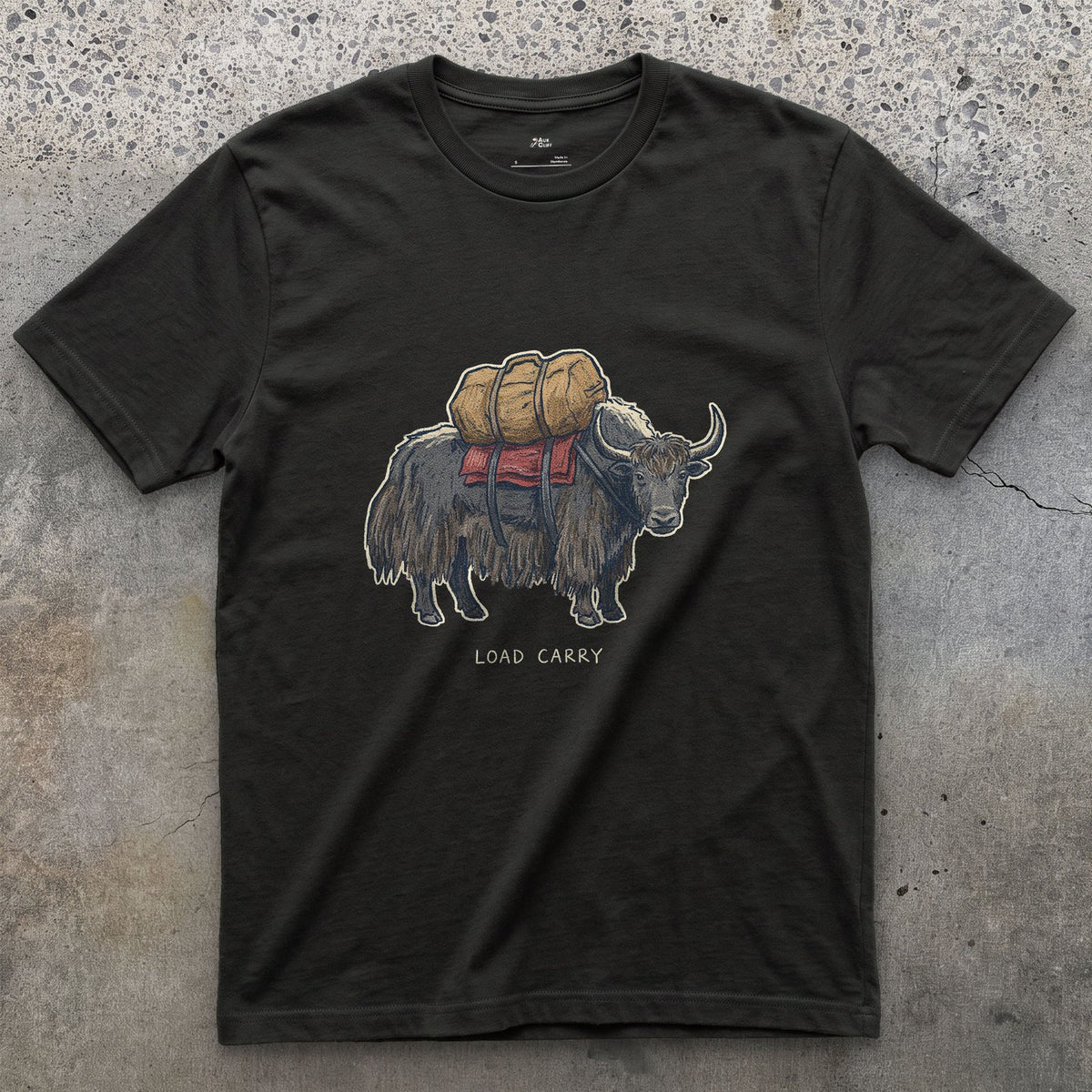Expedition Load Carry, Yak With a Full Pack design on a Black Gildan Softstyle t-shirt