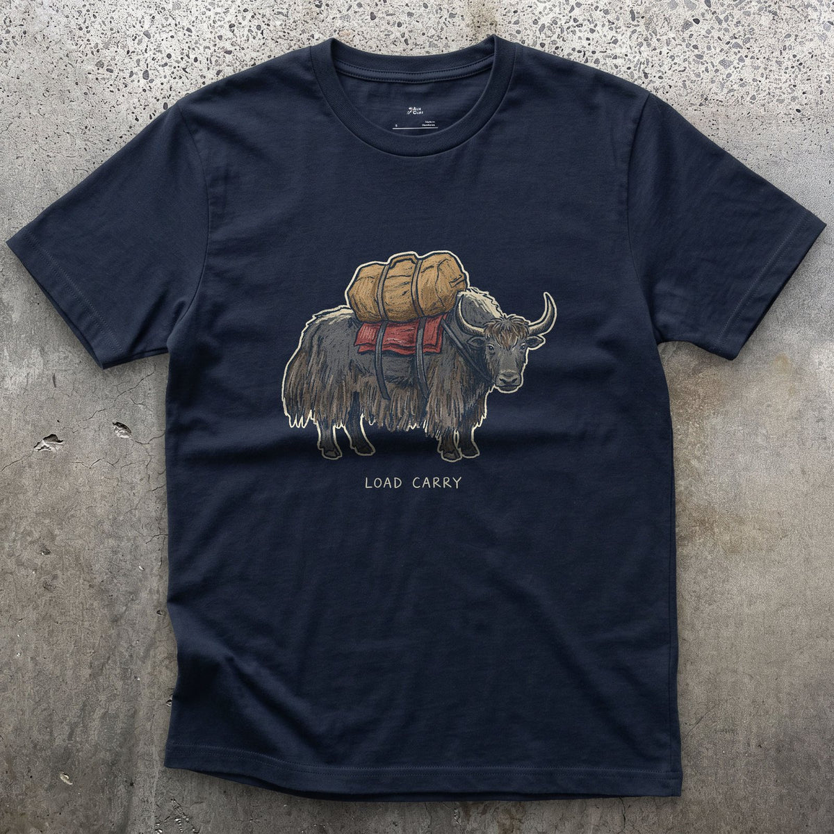Expedition Load Carry, Yak With a Full Pack design on a Navy Gildan Softstyle t-shirt