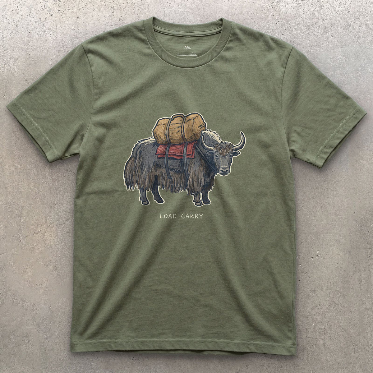 Expedition Load Carry, Yak With a Full Pack design on a Military Green Gildan Softstyle t-shirt