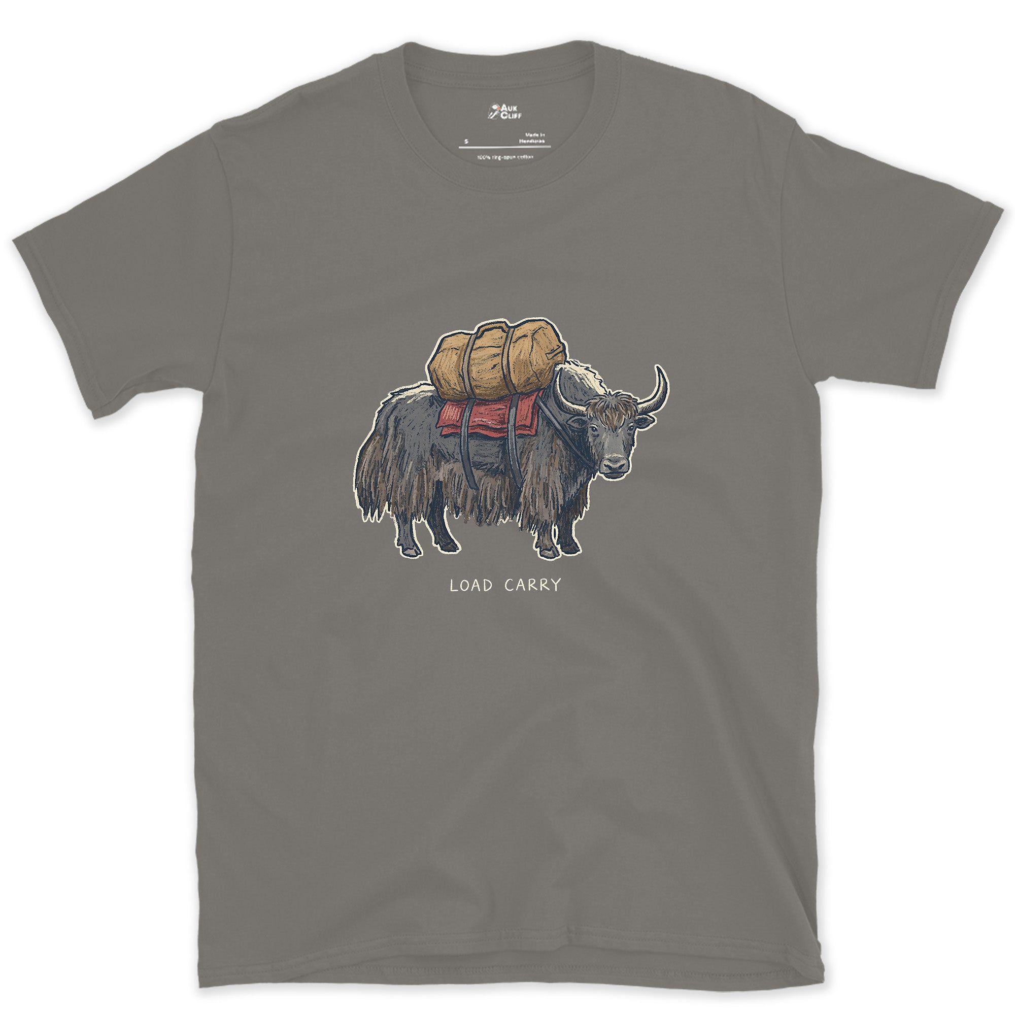Expedition Load Carry, Yak With a Full Pack design on a Charcoal Gildan Softstyle t-shirt