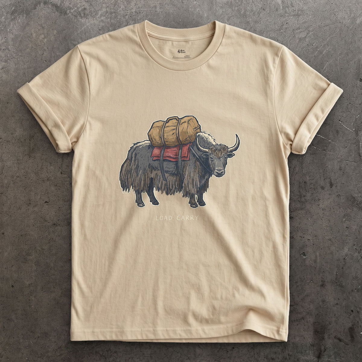 Expedition Load Carry, Yak With a Full Pack design on a Sand Gildan Softstyle t-shirt