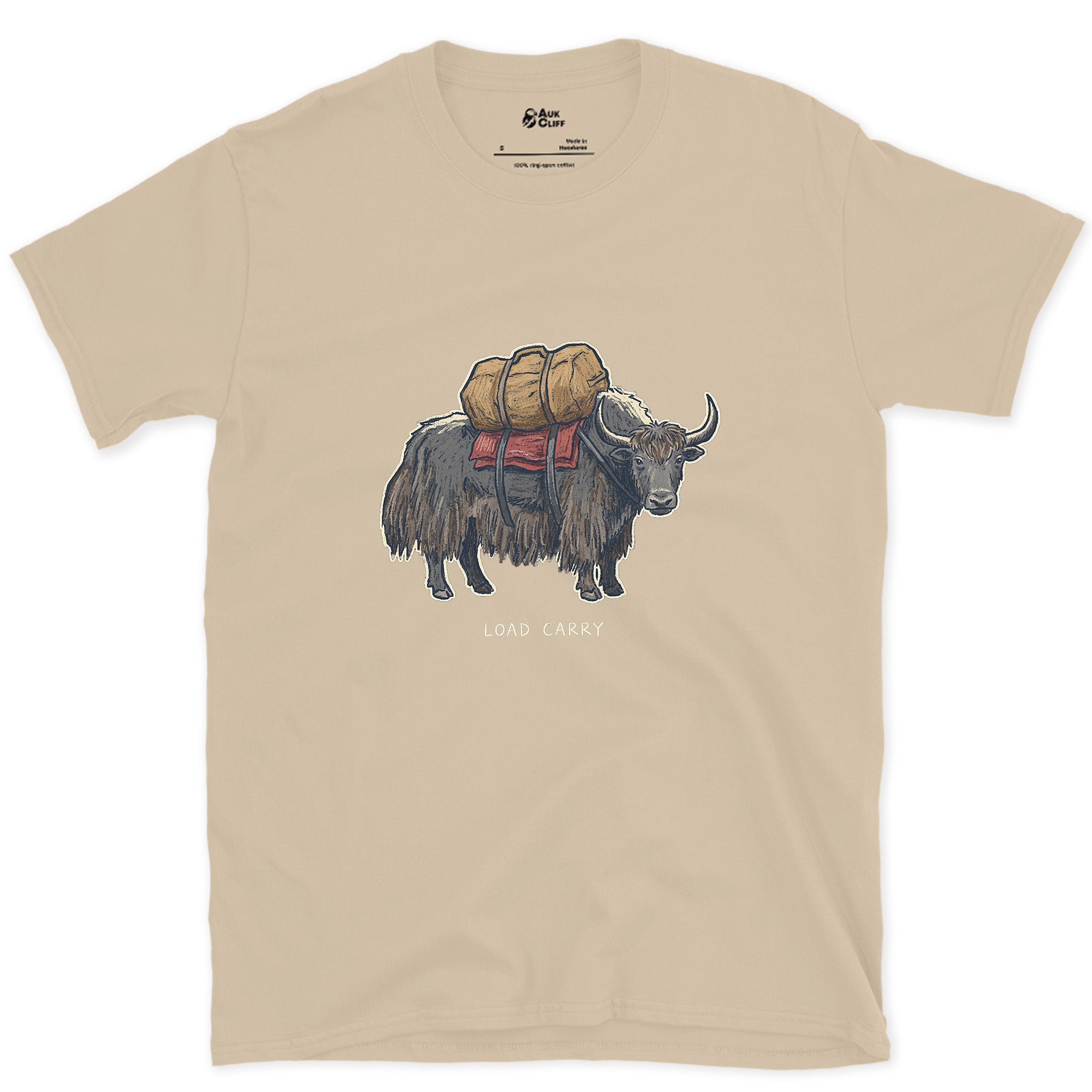 Expedition Load Carry, Yak With a Full Pack design on a Sand Gildan Softstyle t-shirt