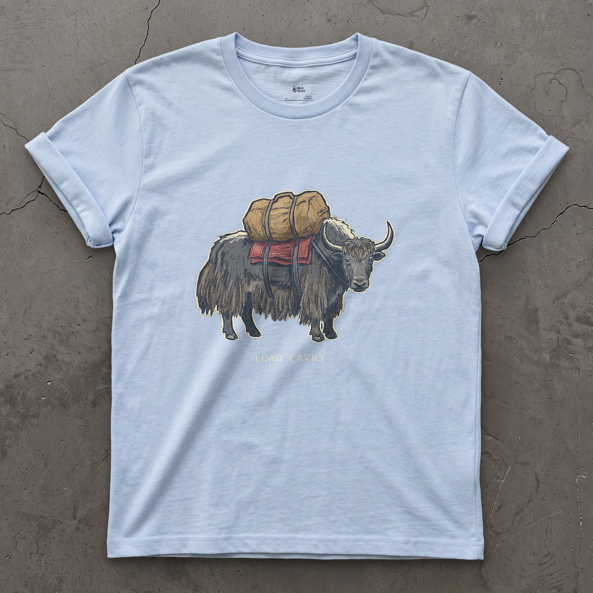 Expedition Load Carry, Yak With a Full Pack design on a Light Blue Gildan Softstyle t-shirt