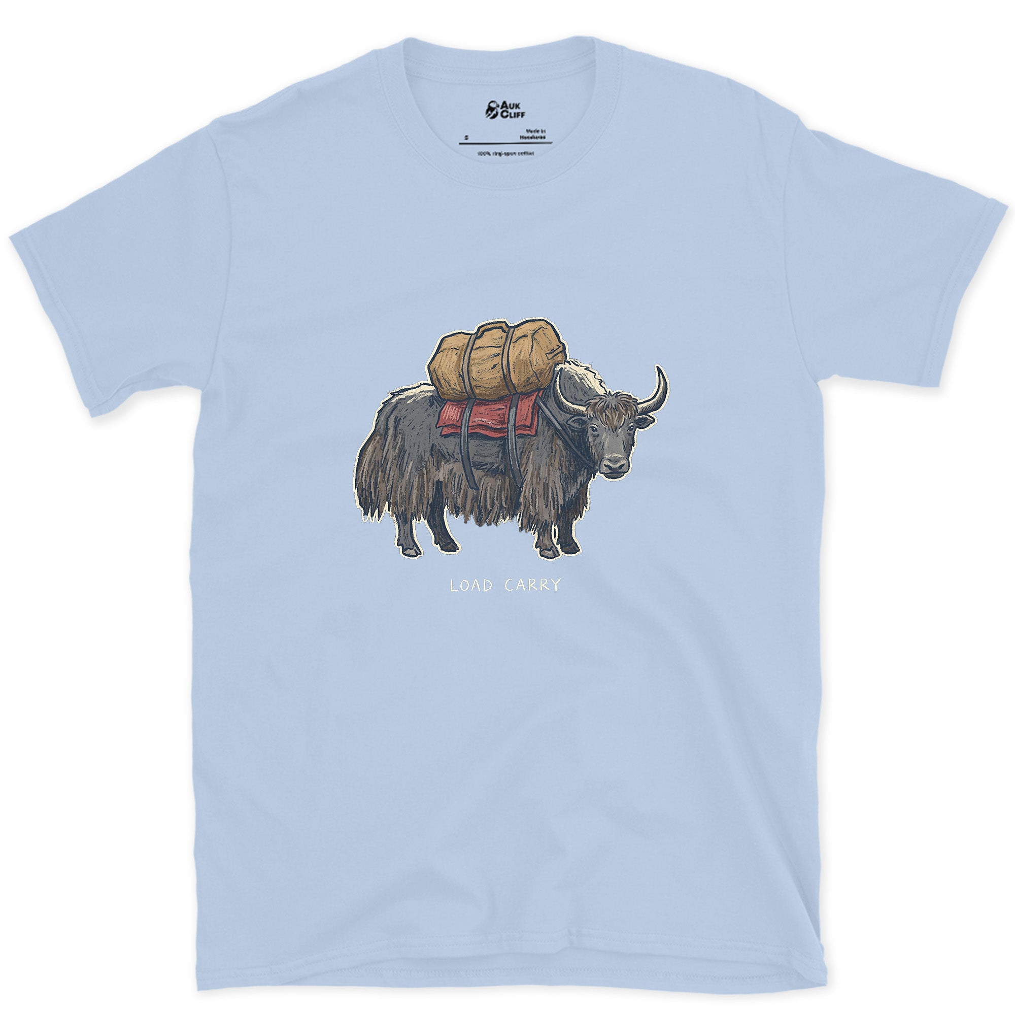 Expedition Load Carry, Yak With a Full Pack design on a Light Blue Gildan Softstyle t-shirt