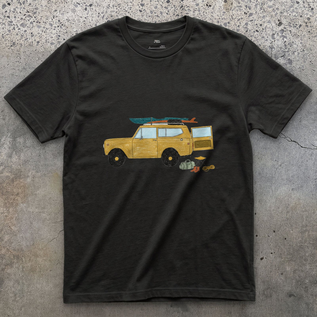 Wagon Loaded for a Put-In Before Sunrise design on a Black Gildan Softstyle t-shirt