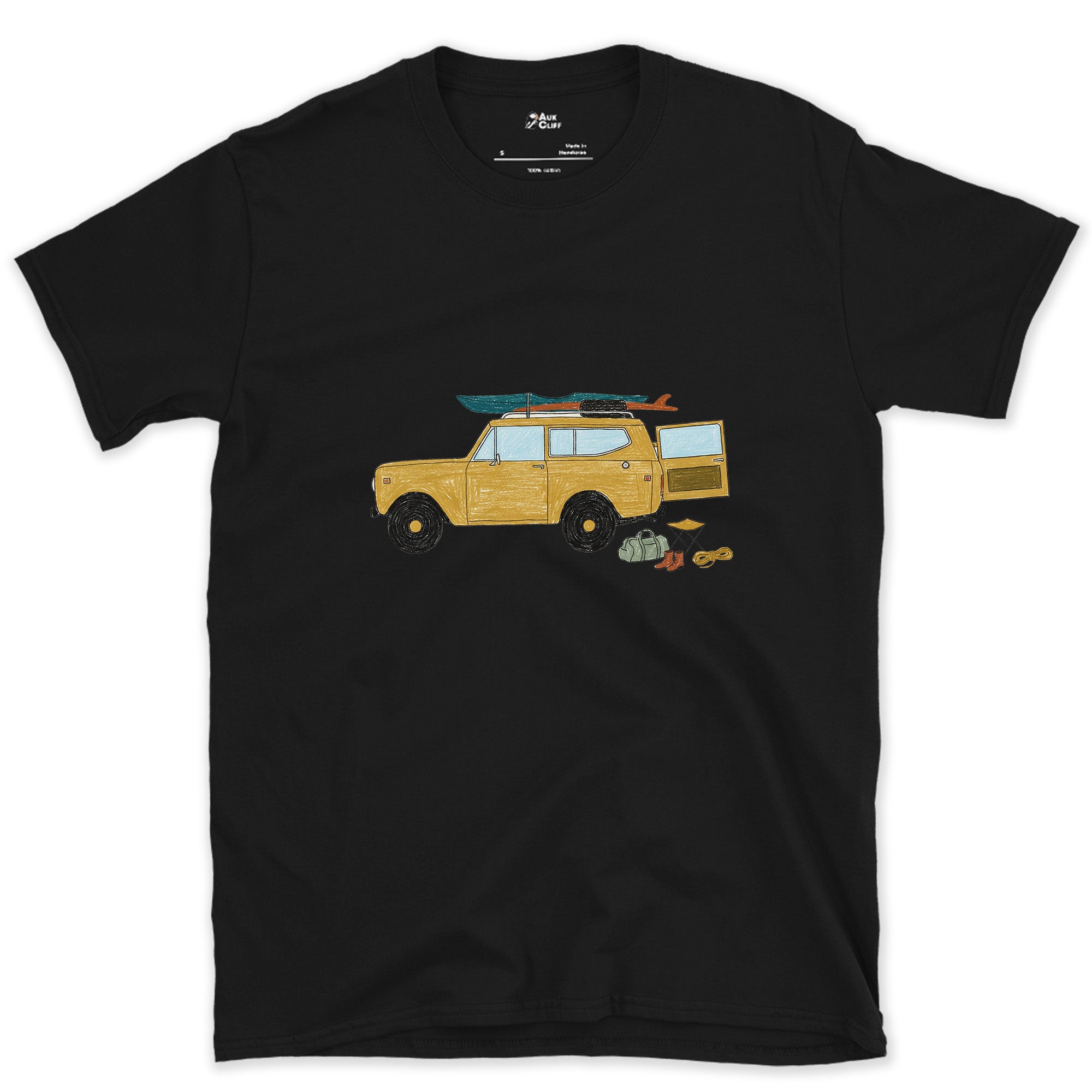 Wagon Loaded for a Put-In Before Sunrise design on a Black Gildan Softstyle t-shirt