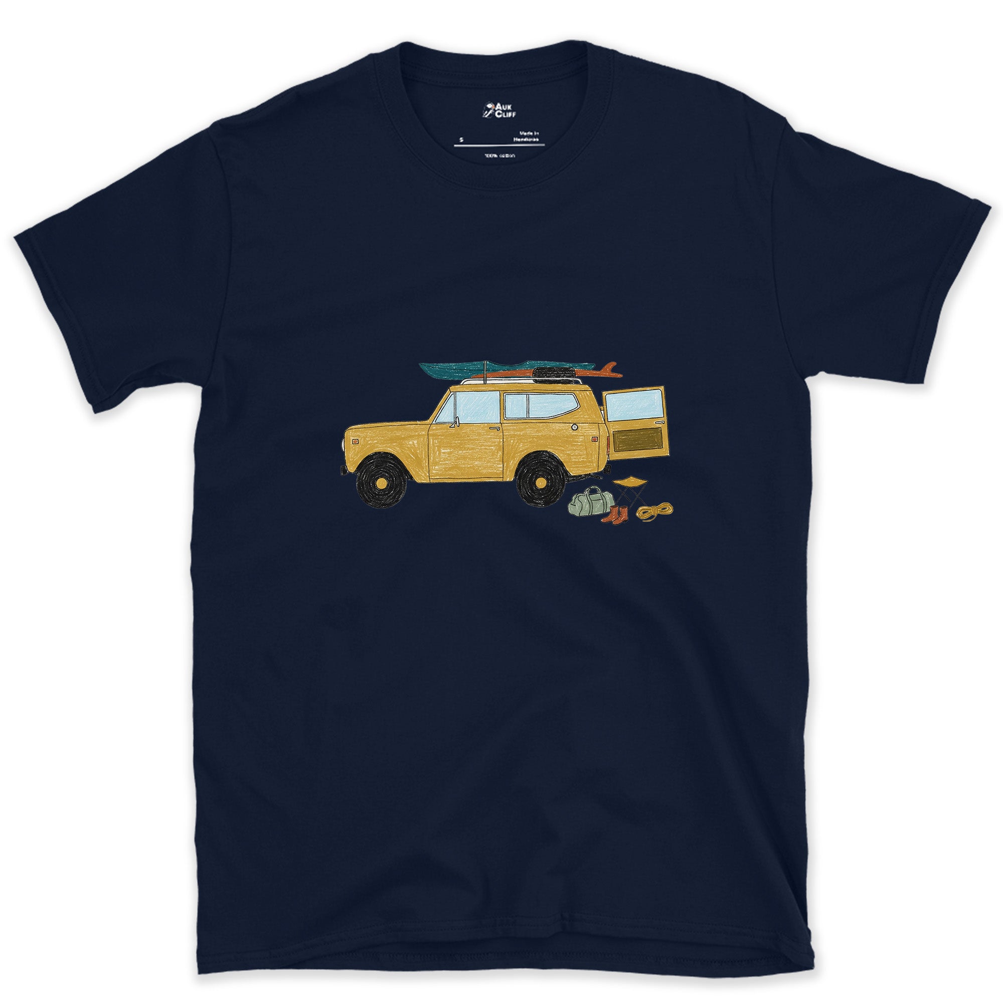 Wagon Loaded for a Put-In Before Sunrise design on a Navy Gildan Softstyle t-shirt