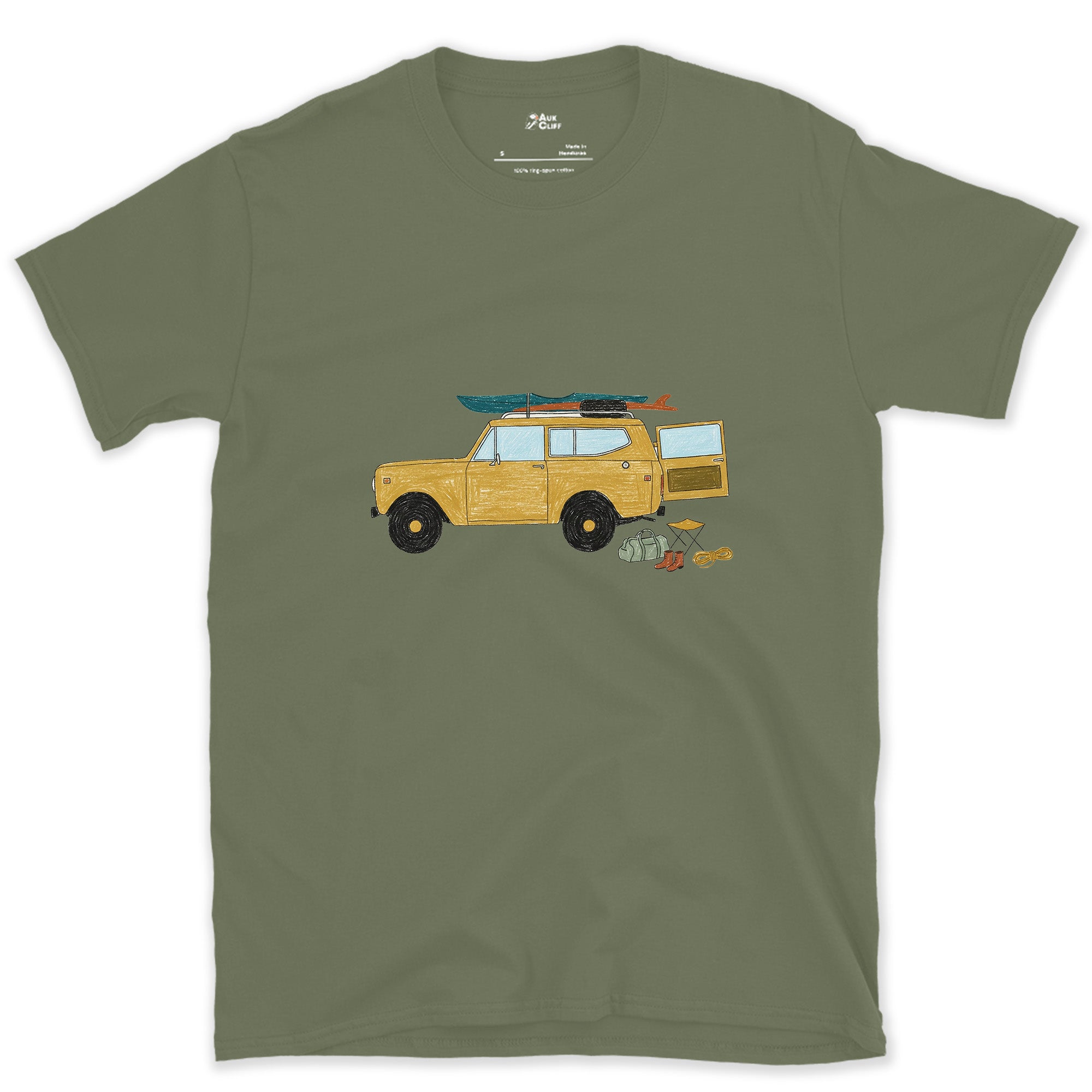 Wagon Loaded for a Put-In Before Sunrise design on a Military Green Gildan Softstyle t-shirt