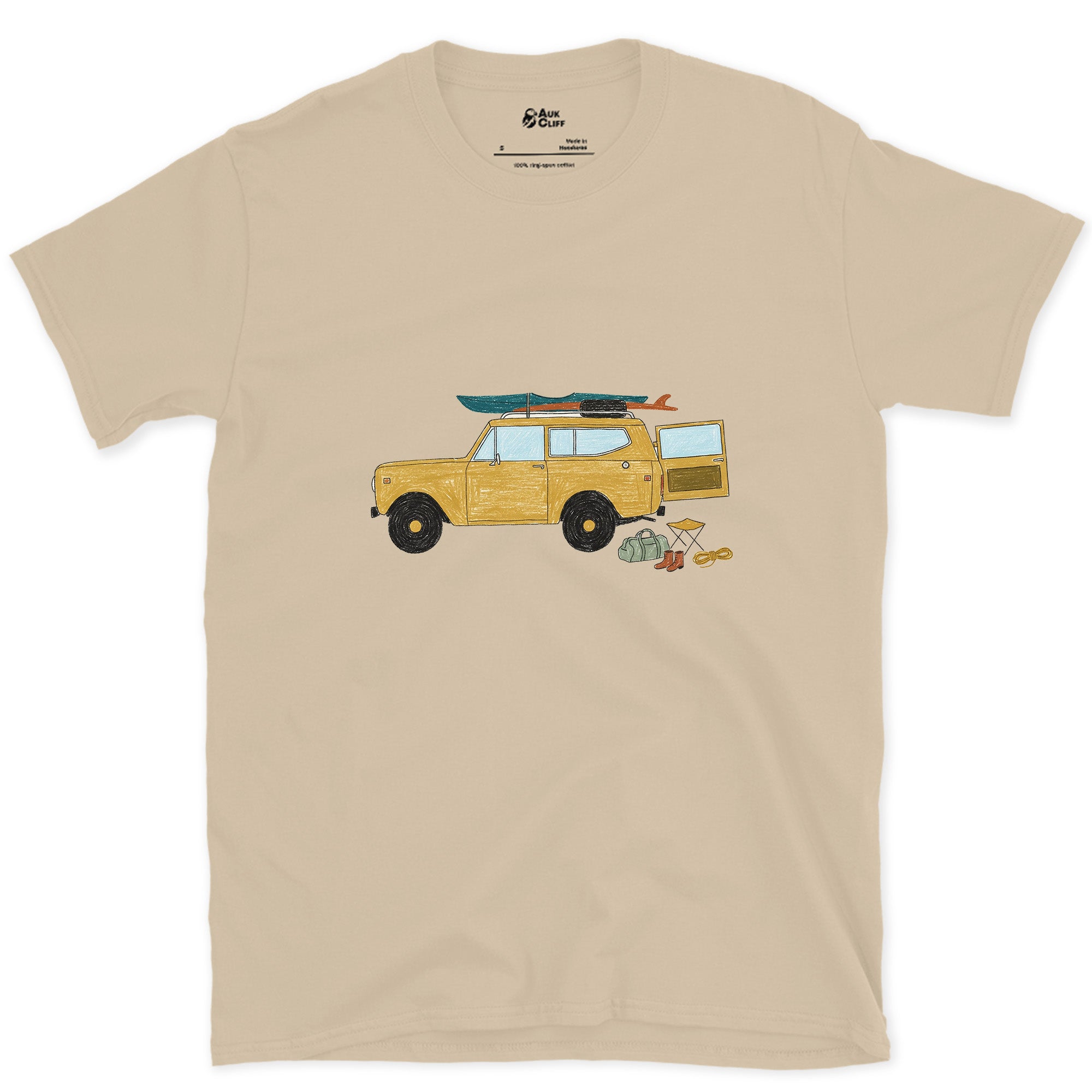 Wagon Loaded for a Put-In Before Sunrise design on a Sand Gildan Softstyle t-shirt