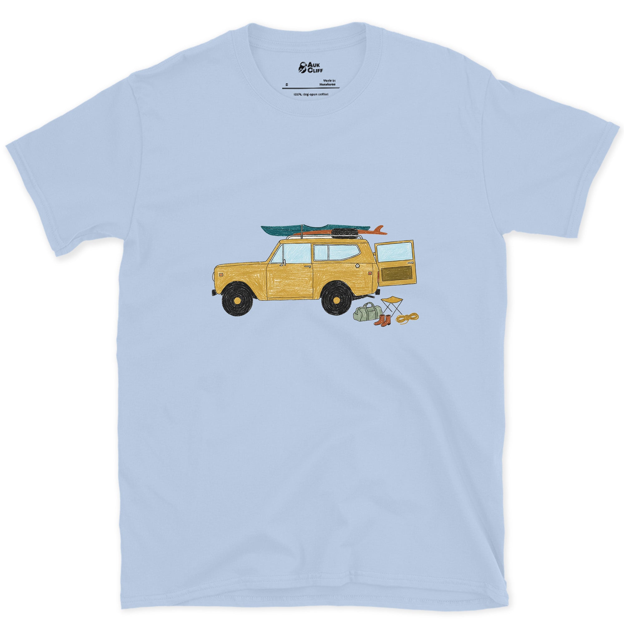 Wagon Loaded for a Put-In Before Sunrise design on a Light Blue Gildan Softstyle t-shirt