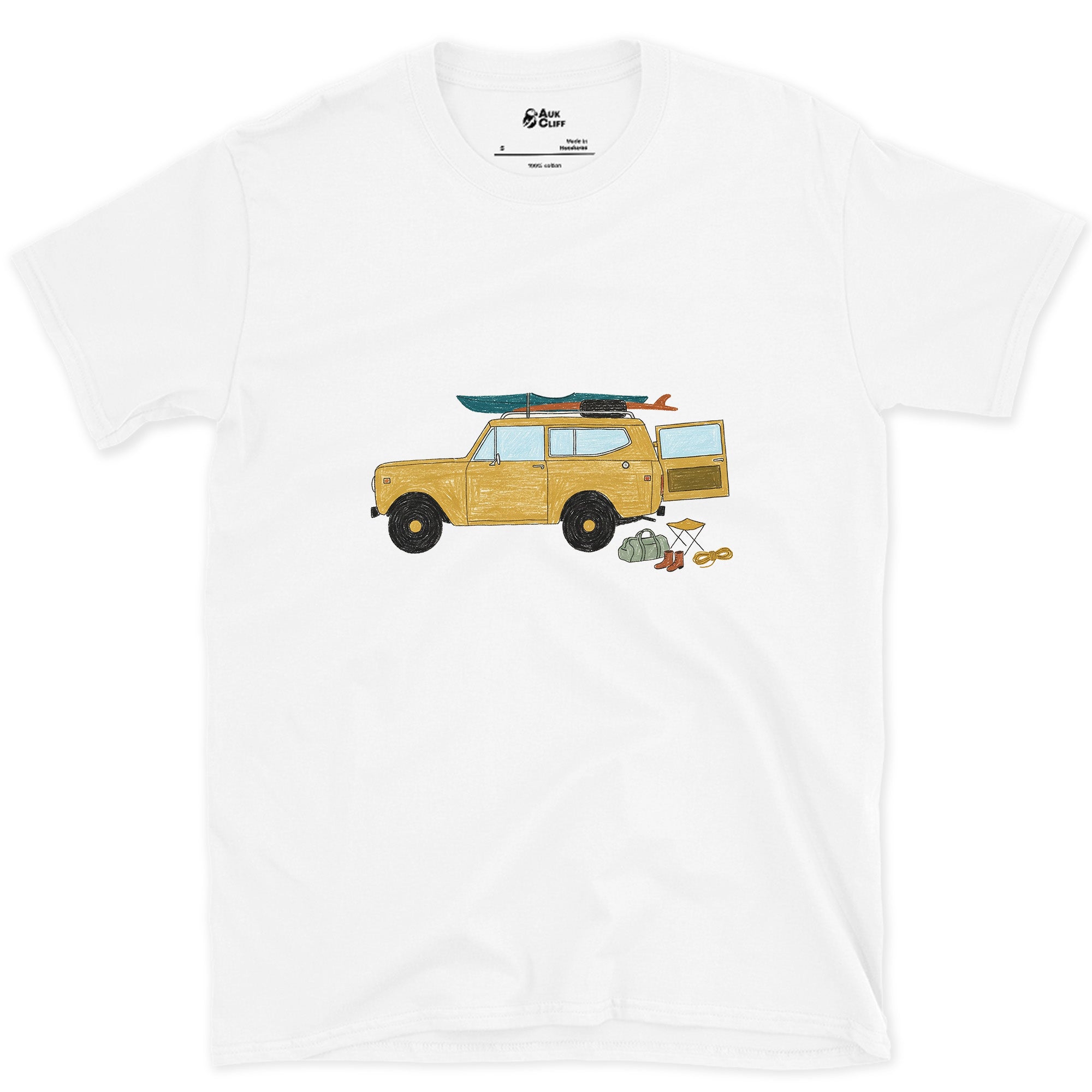 Wagon Loaded for a Put-In Before Sunrise design on a White Gildan Softstyle t-shirt