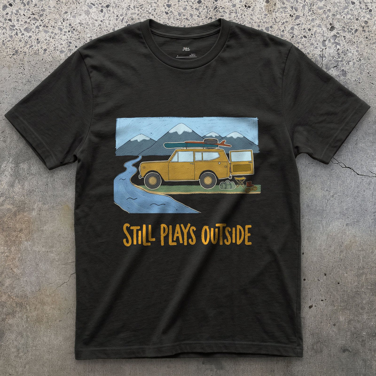 Still Plays Outside, 4x4 Creek Crossing design on a Black Gildan Softstyle t-shirt