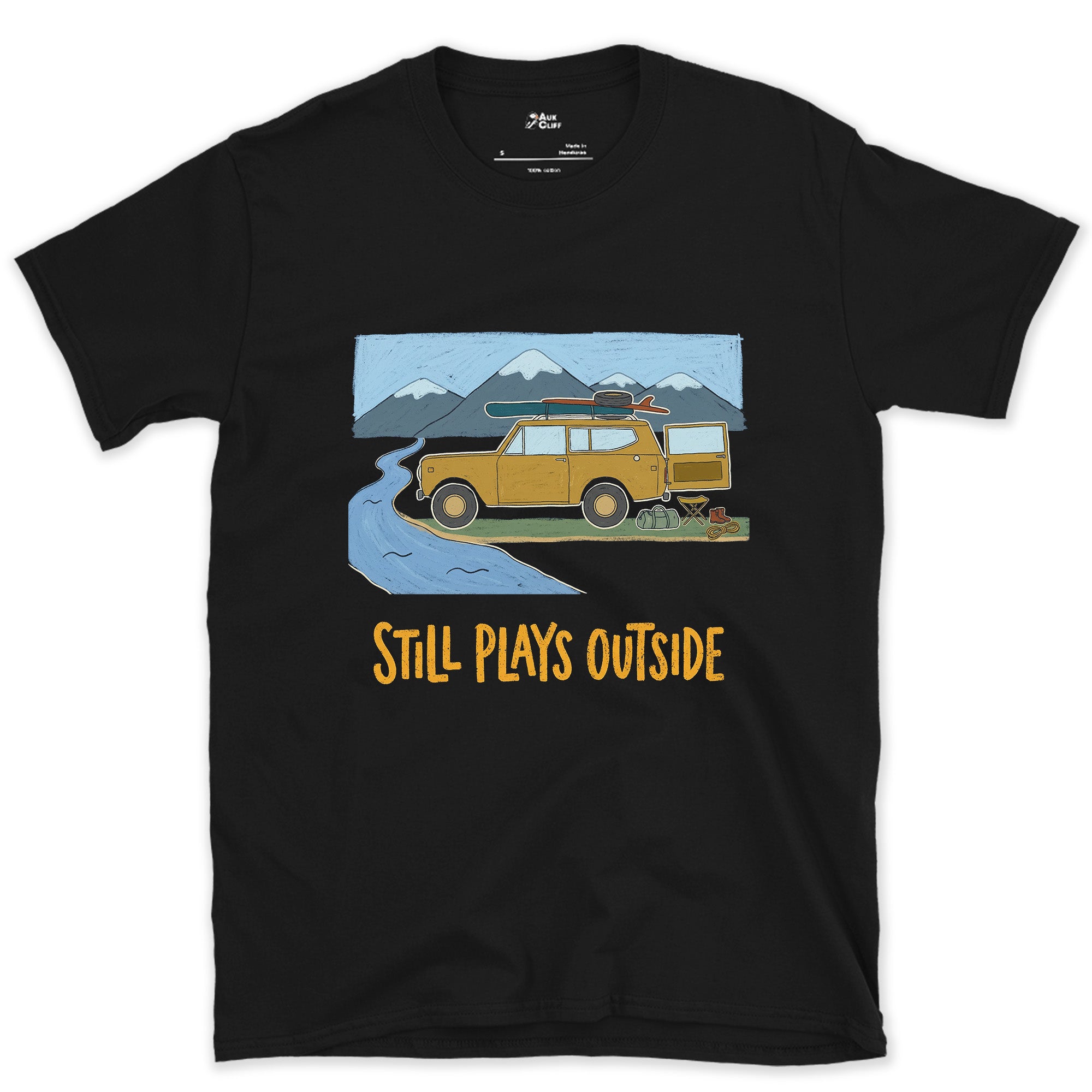 Still Plays Outside, 4x4 Creek Crossing design on a Black Gildan Softstyle t-shirt