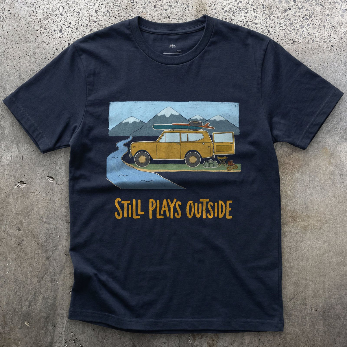 Still Plays Outside, 4x4 Creek Crossing design on a Navy Gildan Softstyle t-shirt