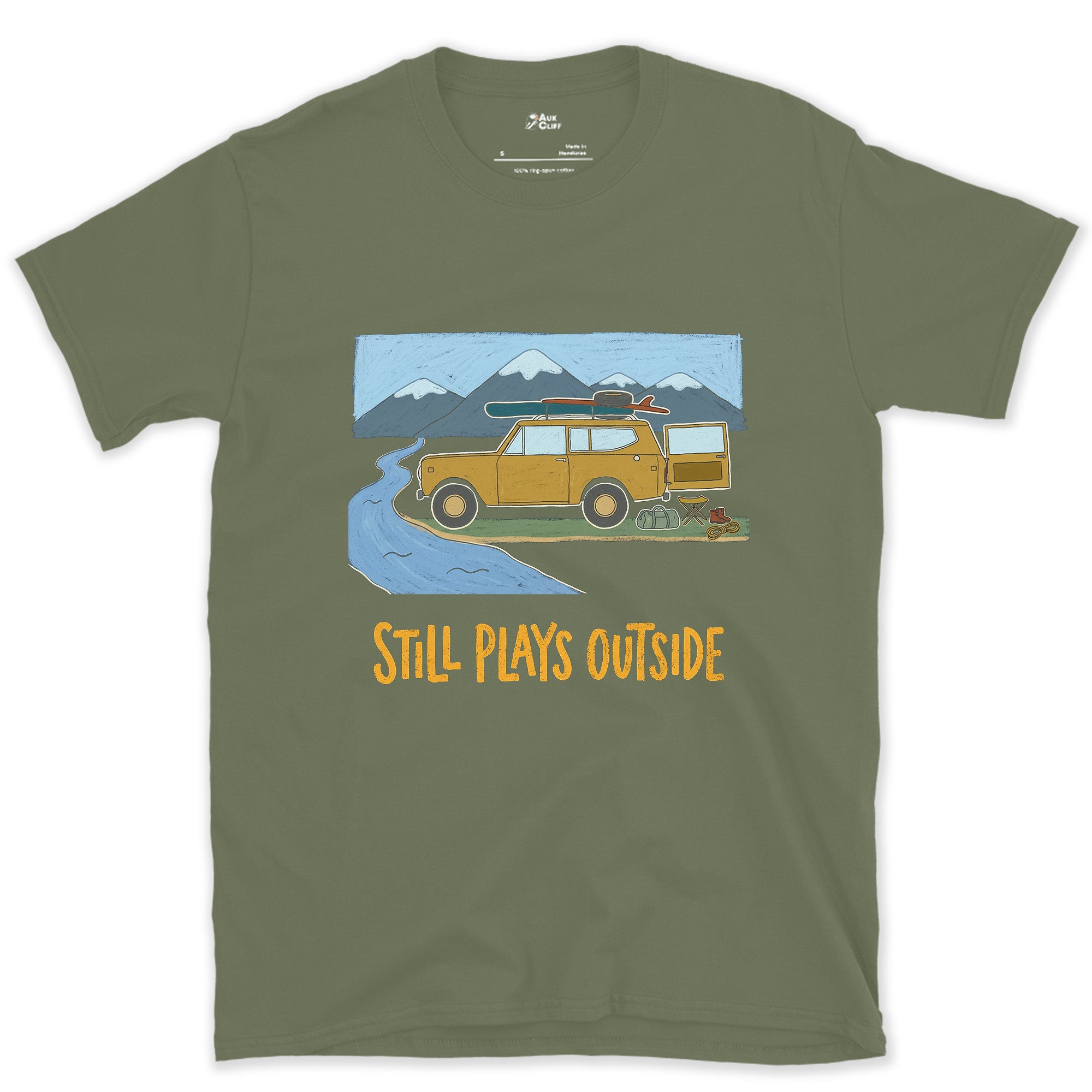 Still Plays Outside, 4x4 Creek Crossing design on a Military Green Gildan Softstyle t-shirt