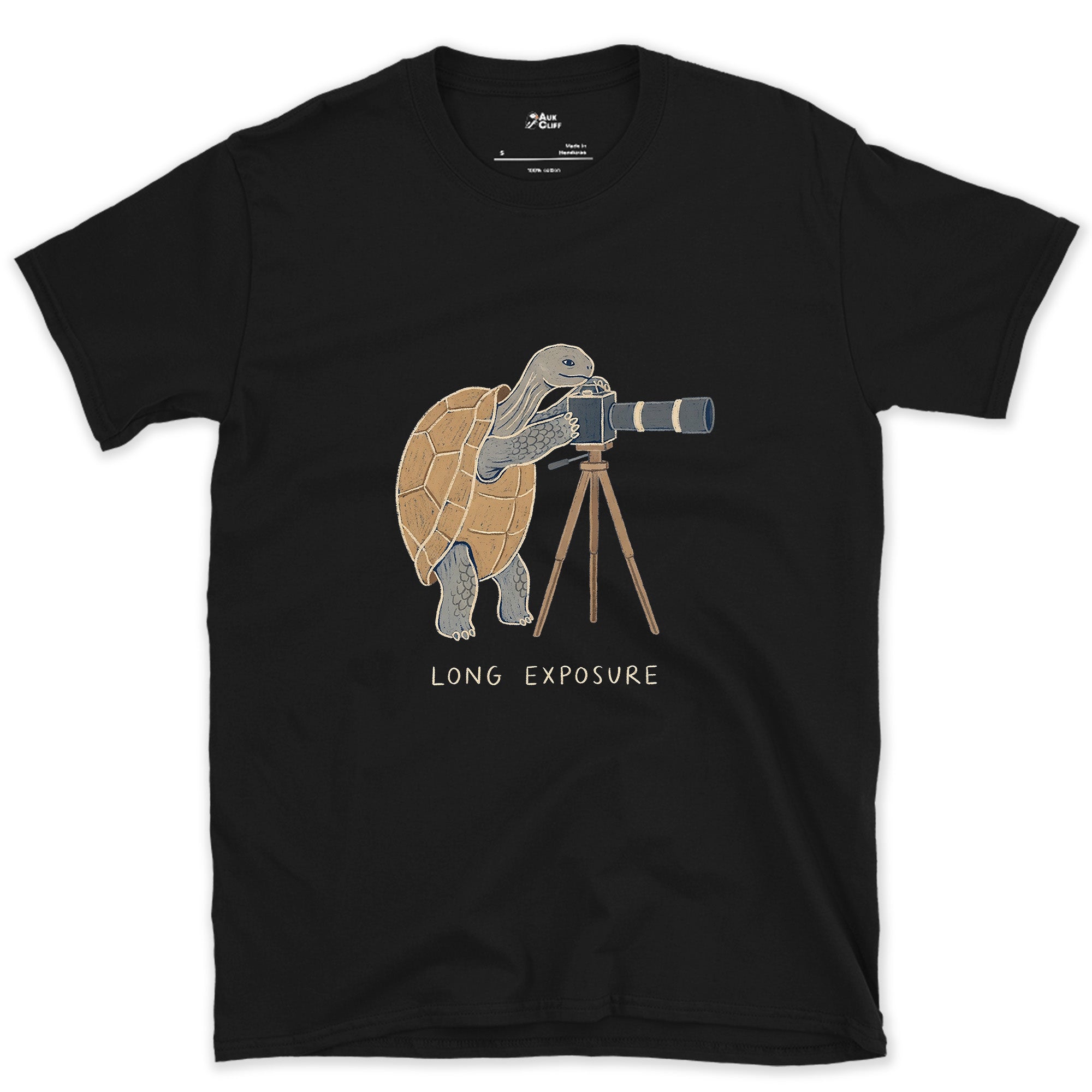 Long Exposure, Tortoise design on a Black Gildan Softstyle t-shirt