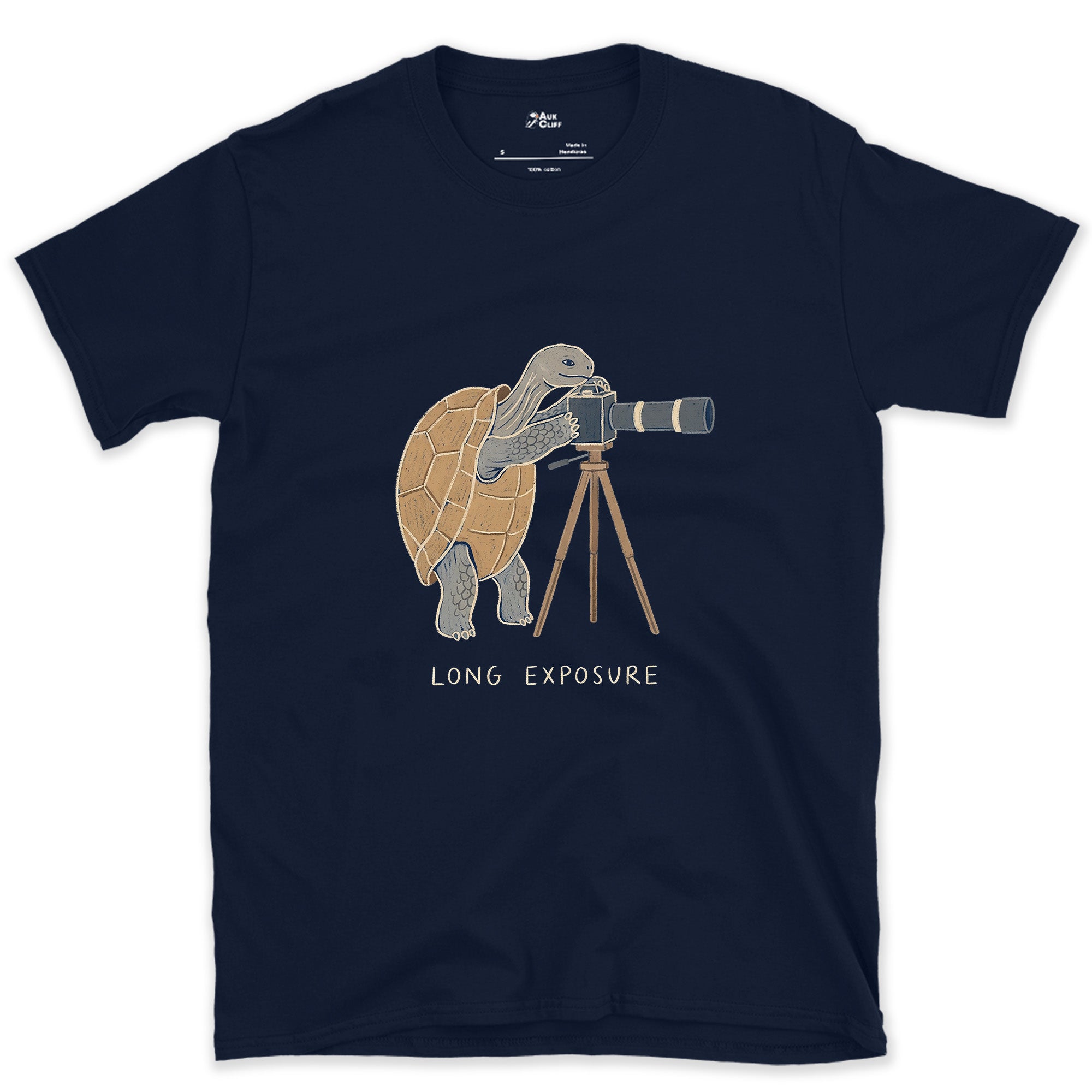 Long Exposure, Tortoise design on a Navy Gildan Softstyle t-shirt