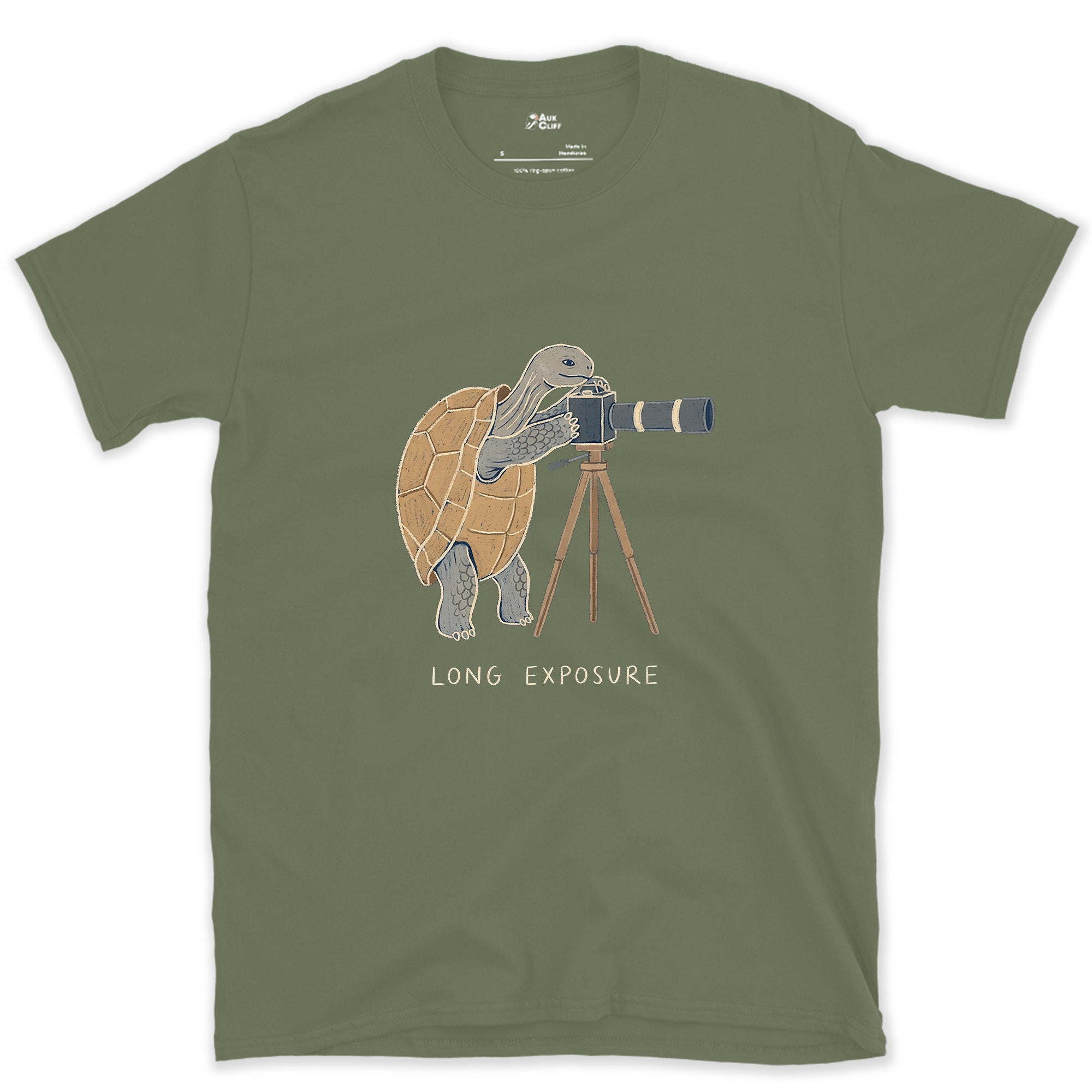 Long Exposure, Tortoise design on a Military Green Gildan Softstyle t-shirt