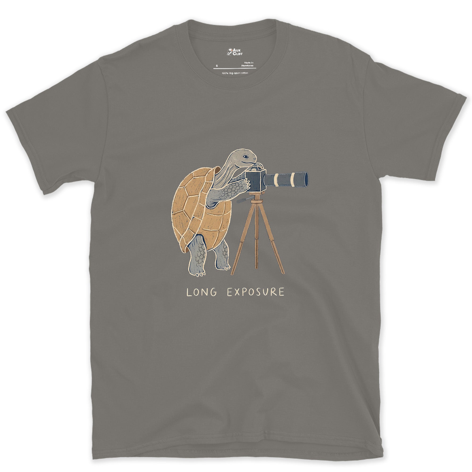 Long Exposure, Tortoise design on a Charcoal Gildan Softstyle t-shirt