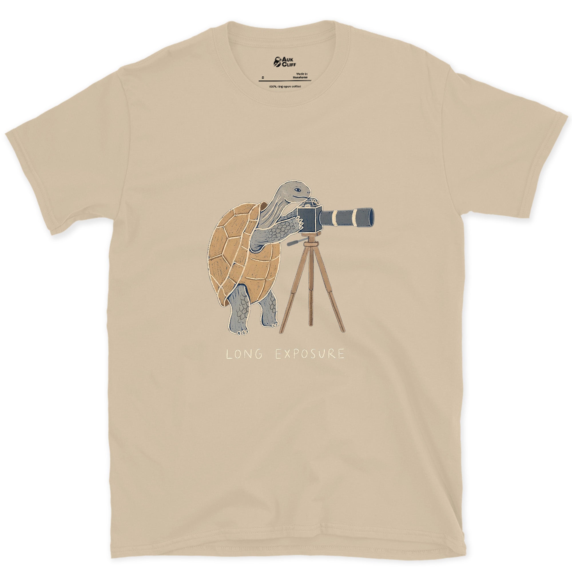 Long Exposure, Tortoise design on a Sand Gildan Softstyle t-shirt