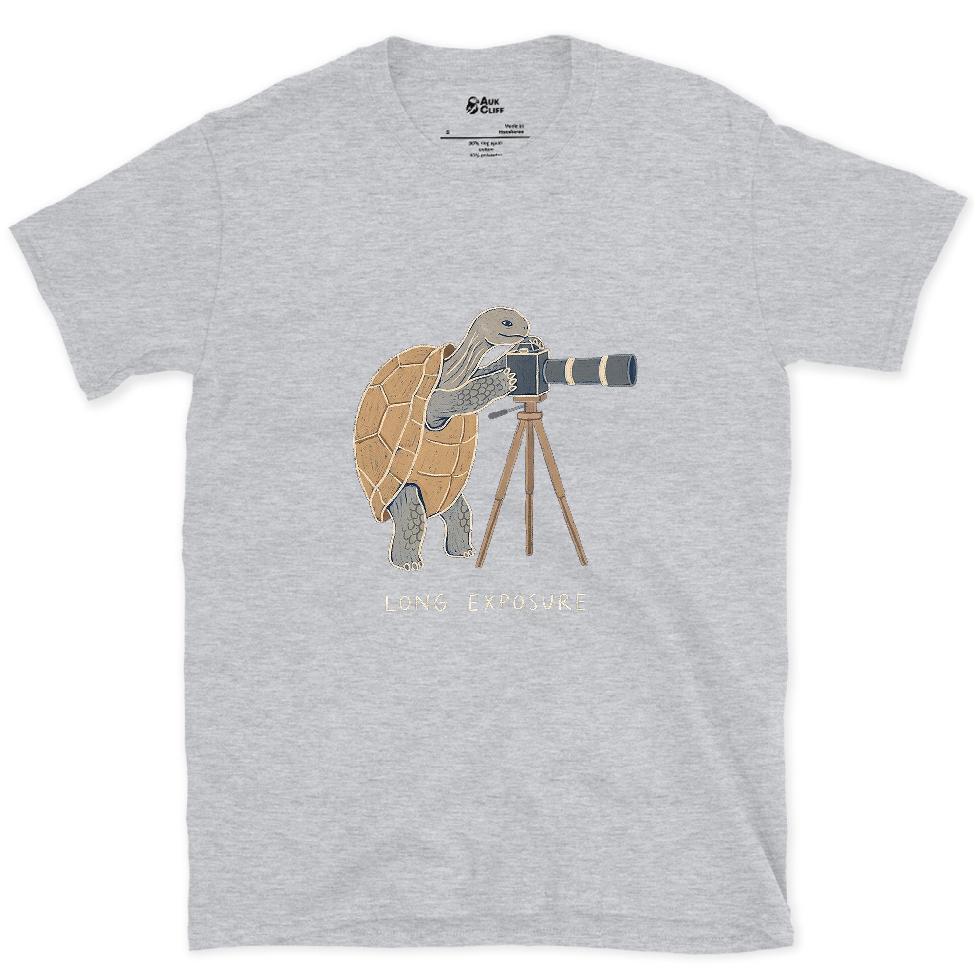 Long Exposure, Tortoise design on a Sport Grey Gildan Softstyle t-shirt