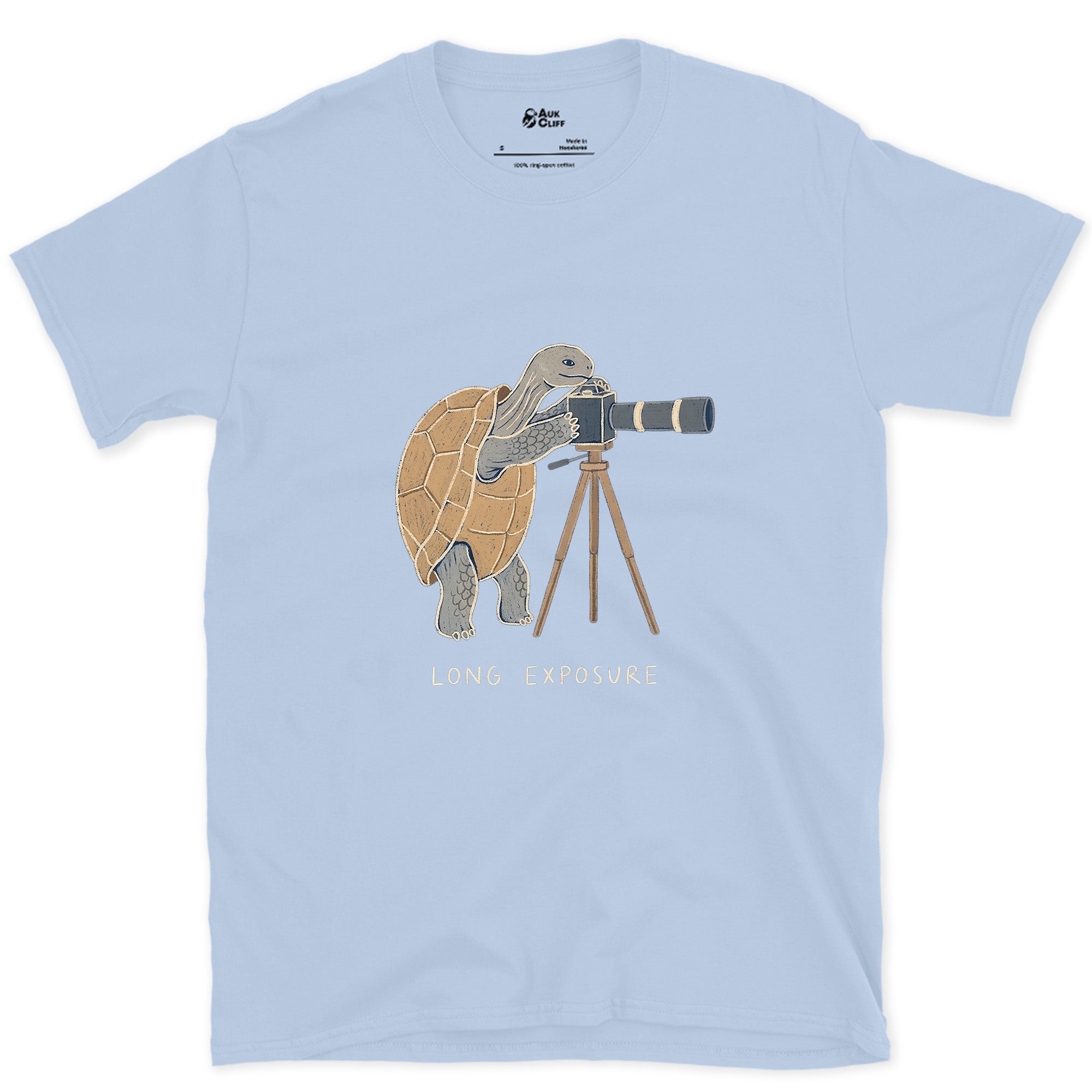 Long Exposure, Tortoise design on a Light Blue Gildan Softstyle t-shirt