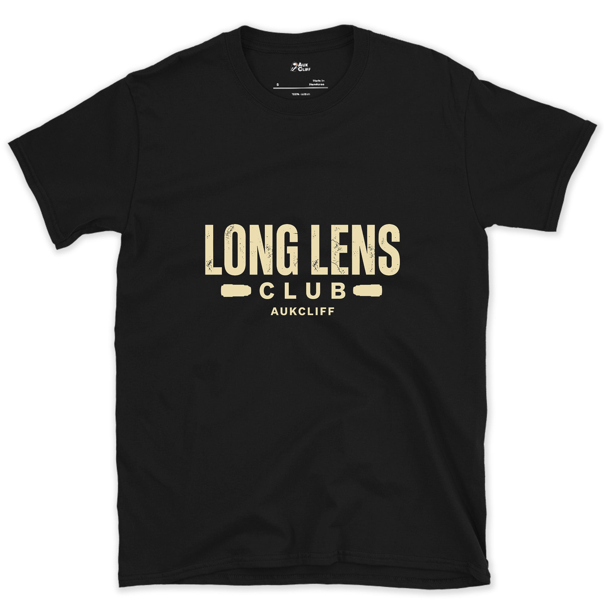 The Long Lens Club Badge and Lens design on a Black Gildan Softstyle t-shirt