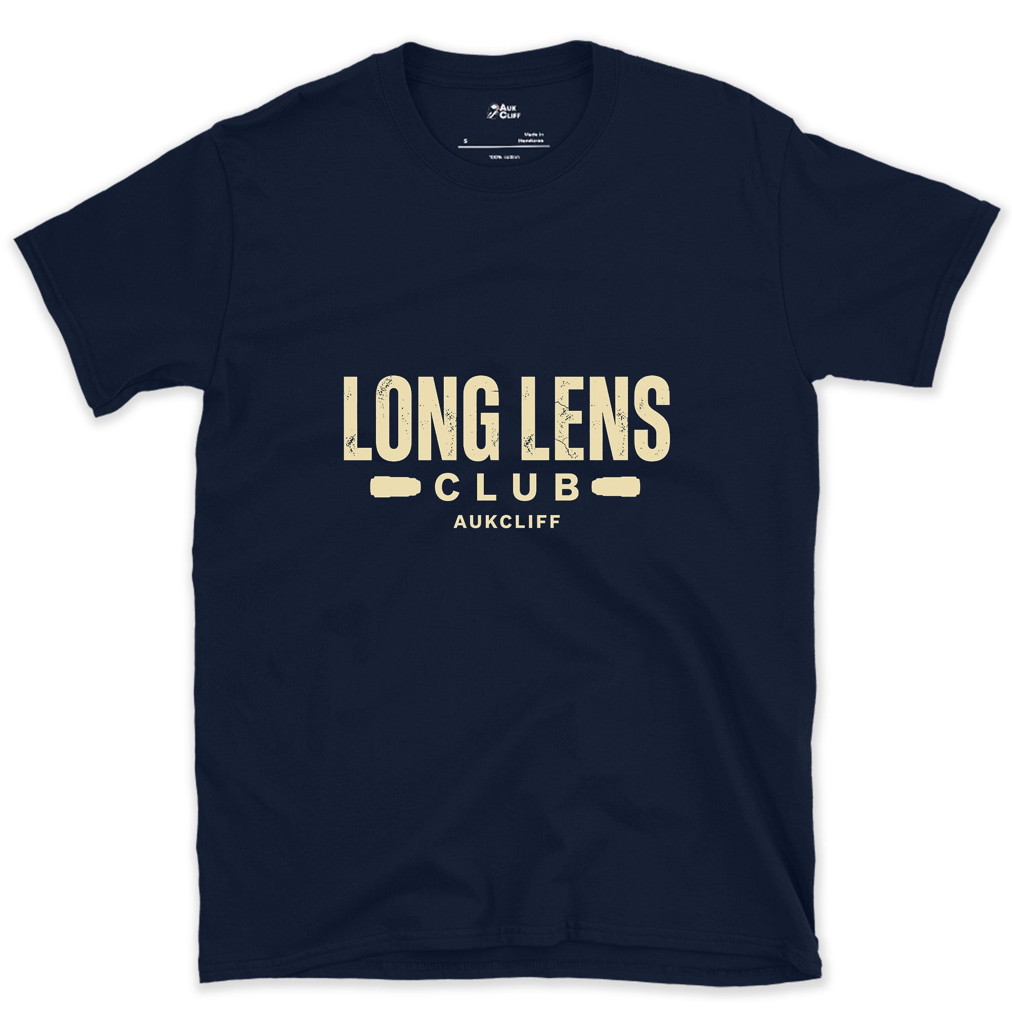 The Long Lens Club Badge and Lens design on a Navy Gildan Softstyle t-shirt