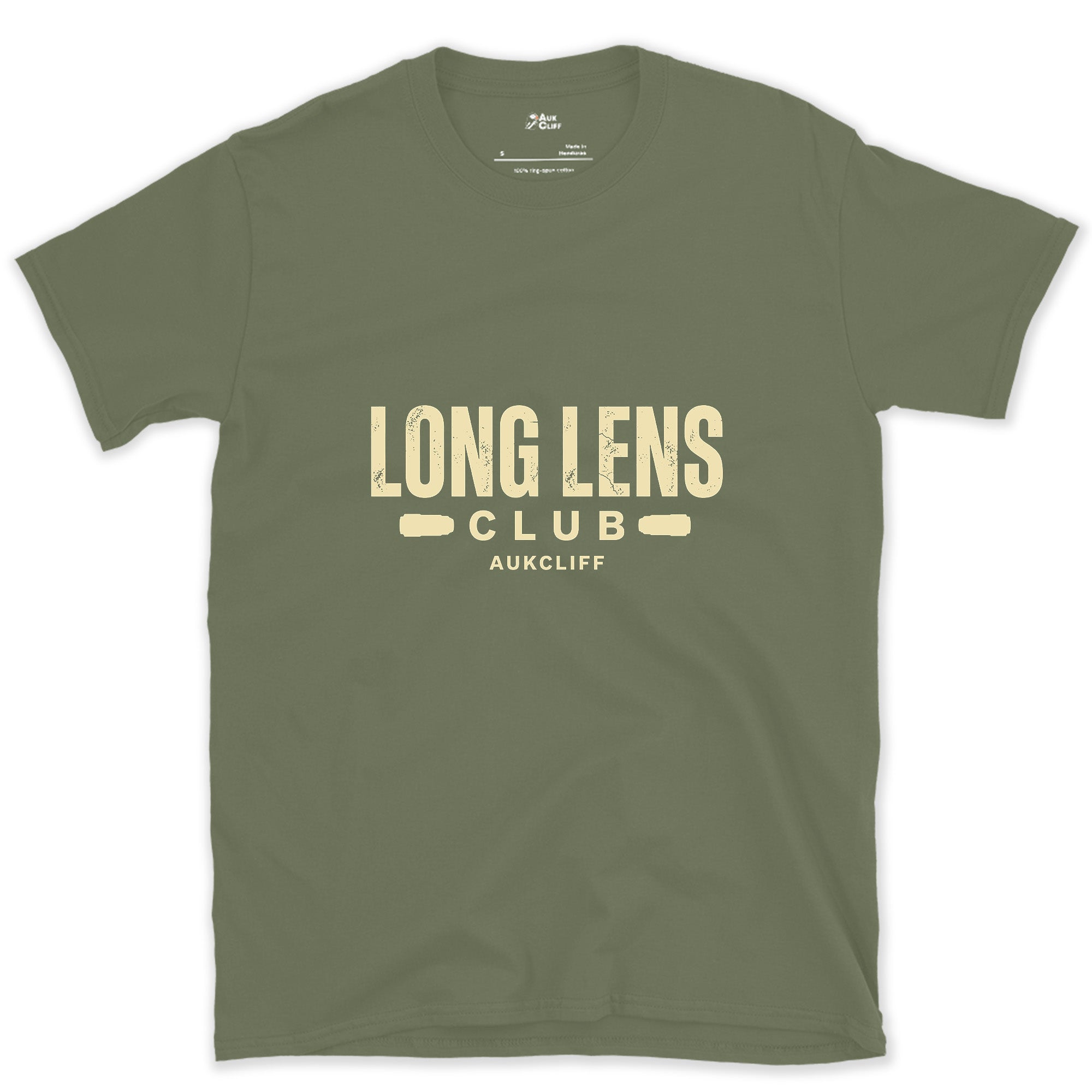 The Long Lens Club Badge and Lens design on a Military Green Gildan Softstyle t-shirt
