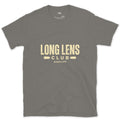The Long Lens Club Badge and Lens design on a Charcoal Gildan Softstyle t-shirt