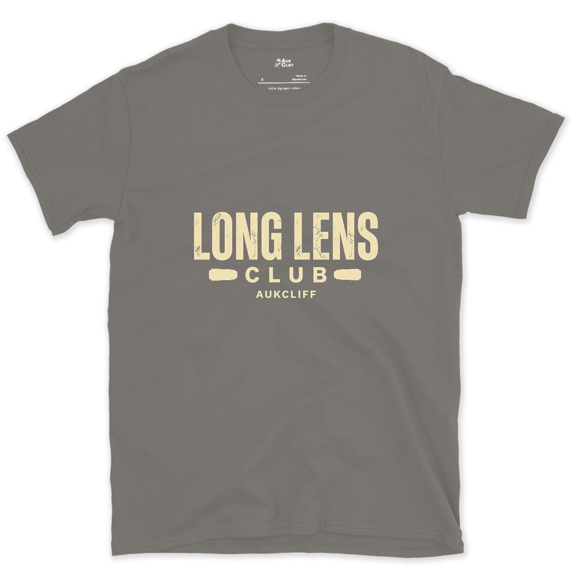 The Long Lens Club Badge and Lens design on a Charcoal Gildan Softstyle t-shirt