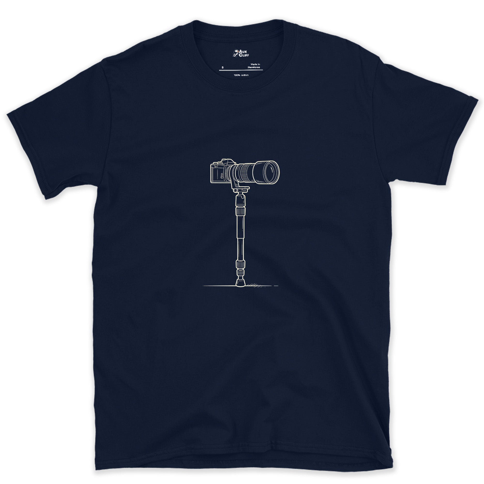 A Single Leg Instead of Three, Telephoto Monopod design on a Navy Gildan Softstyle t-shirt