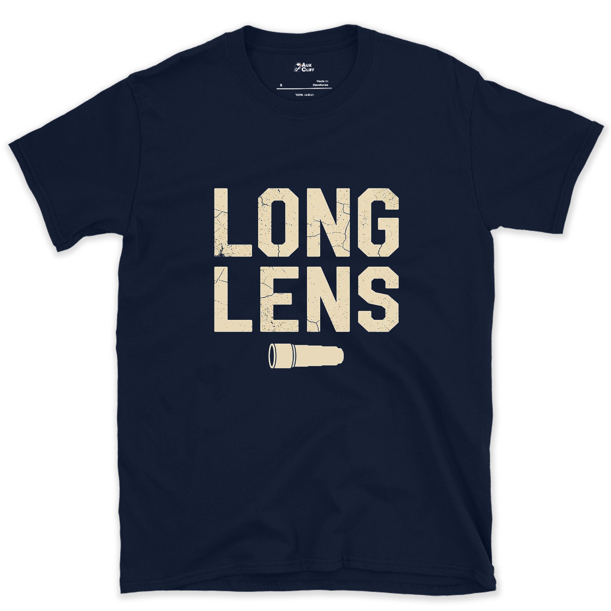 Long Lens, the Telephoto Habit design on a Navy Gildan Softstyle t-shirt