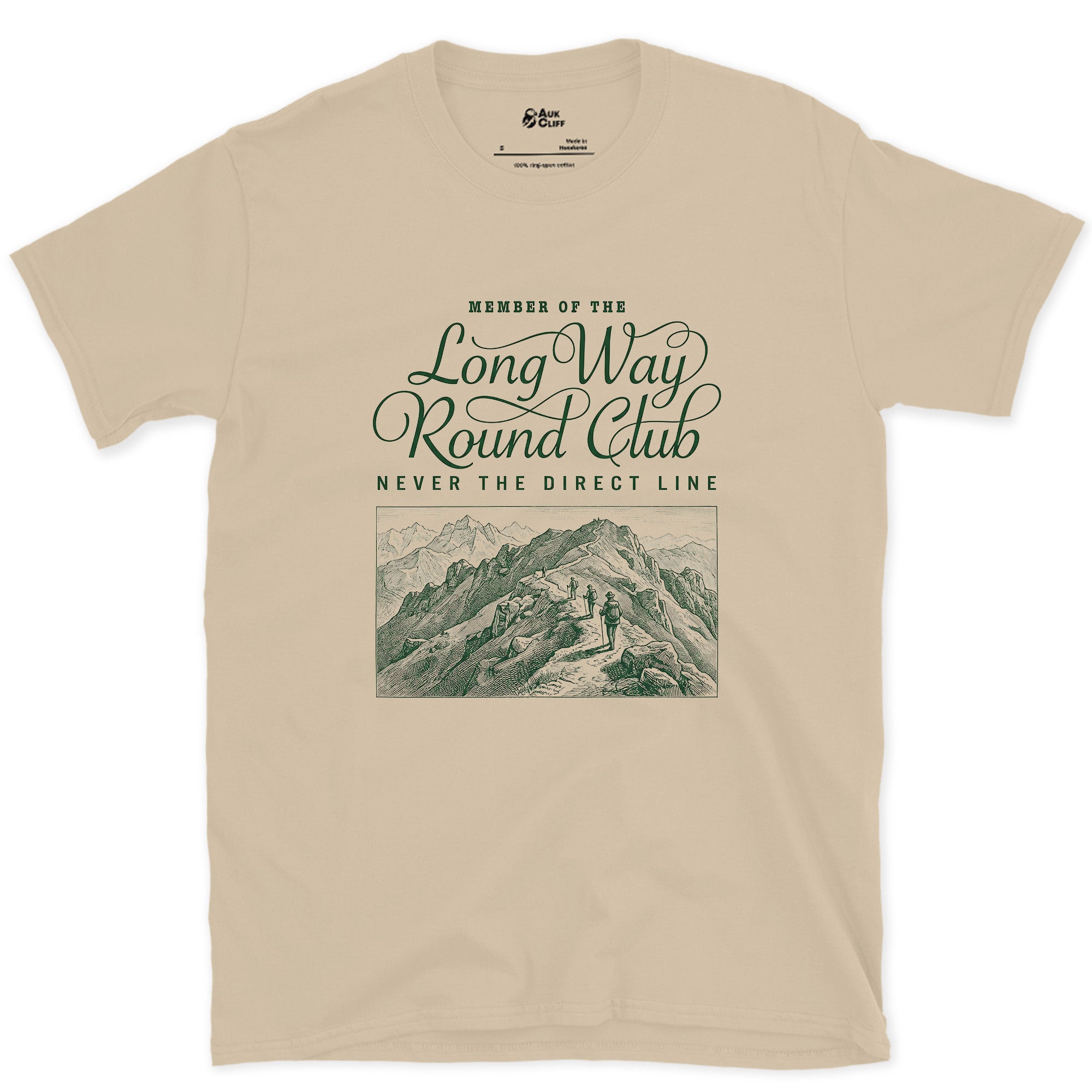 Long Way Round Club, Never the Direct Line to the Summit design on a Sand Gildan Softstyle t-shirt