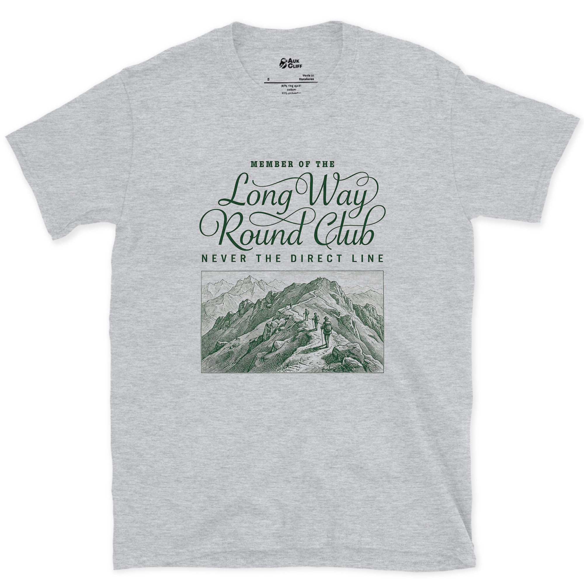 Long Way Round Club, Never the Direct Line to the Summit design on a Sport Grey Gildan Softstyle t-shirt