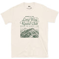Long Way Round Club, Never the Direct Line to the Summit design on a Natural Gildan Softstyle t-shirt