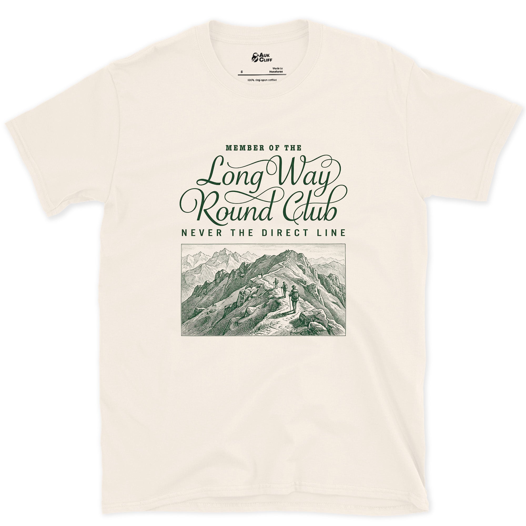 Long Way Round Club, Never the Direct Line to the Summit design on a Natural Gildan Softstyle t-shirt