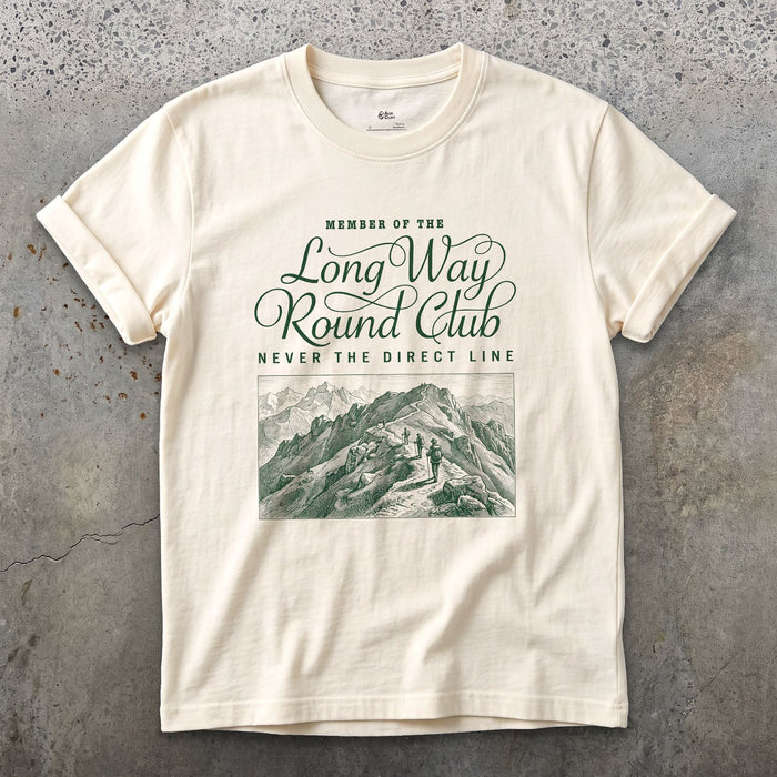 Long Way Round Club, Never the Direct Line to the Summit design on a Natural Gildan Softstyle t-shirt